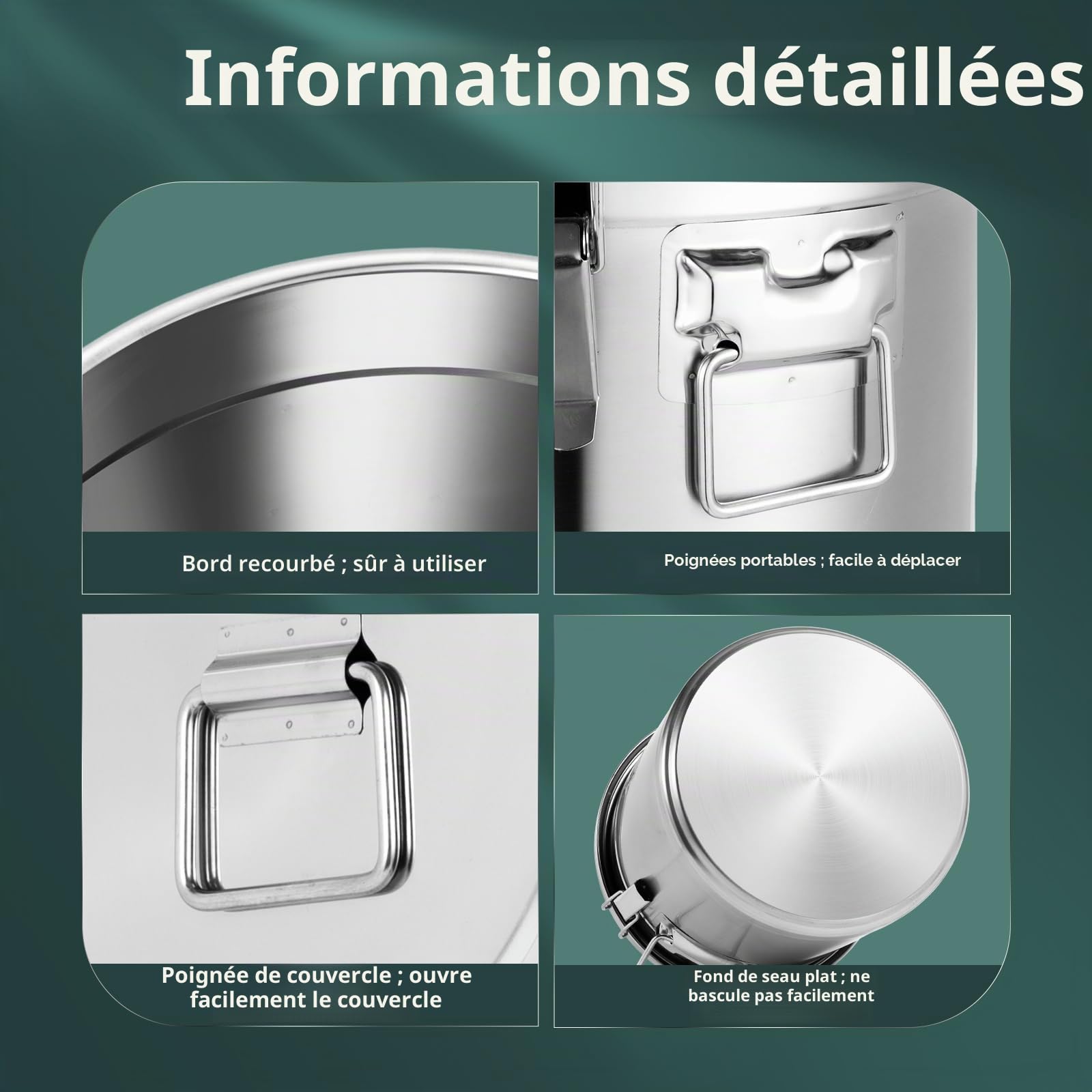 Seau à céréales en acier inoxydable 304 - 21 l/33 l - Bidon hermétique - Pour la cuisine - Seau de cuisine avec couvercle (21 l)