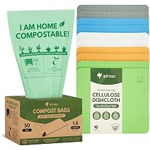 AIRNEX Kitchen Composting & Cleaning Bundle - 50 Compostable Bags for Countertop Bin & 10 Cellulose Swedish Dishcloths - Leakproof Food Scrap Bags & Reusable Cellulose Dish Towels