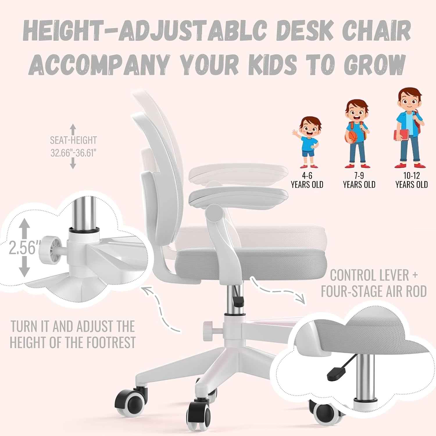 Adjustable Kids Desk Chair, Ergonomic Children Study Computer Chair with Footrest & Flip-up Armrest, Mesh Student Teen Task Chair with Wheels, Kids Office Chair for Boys Girls Age 4-12 Home (Grey)
