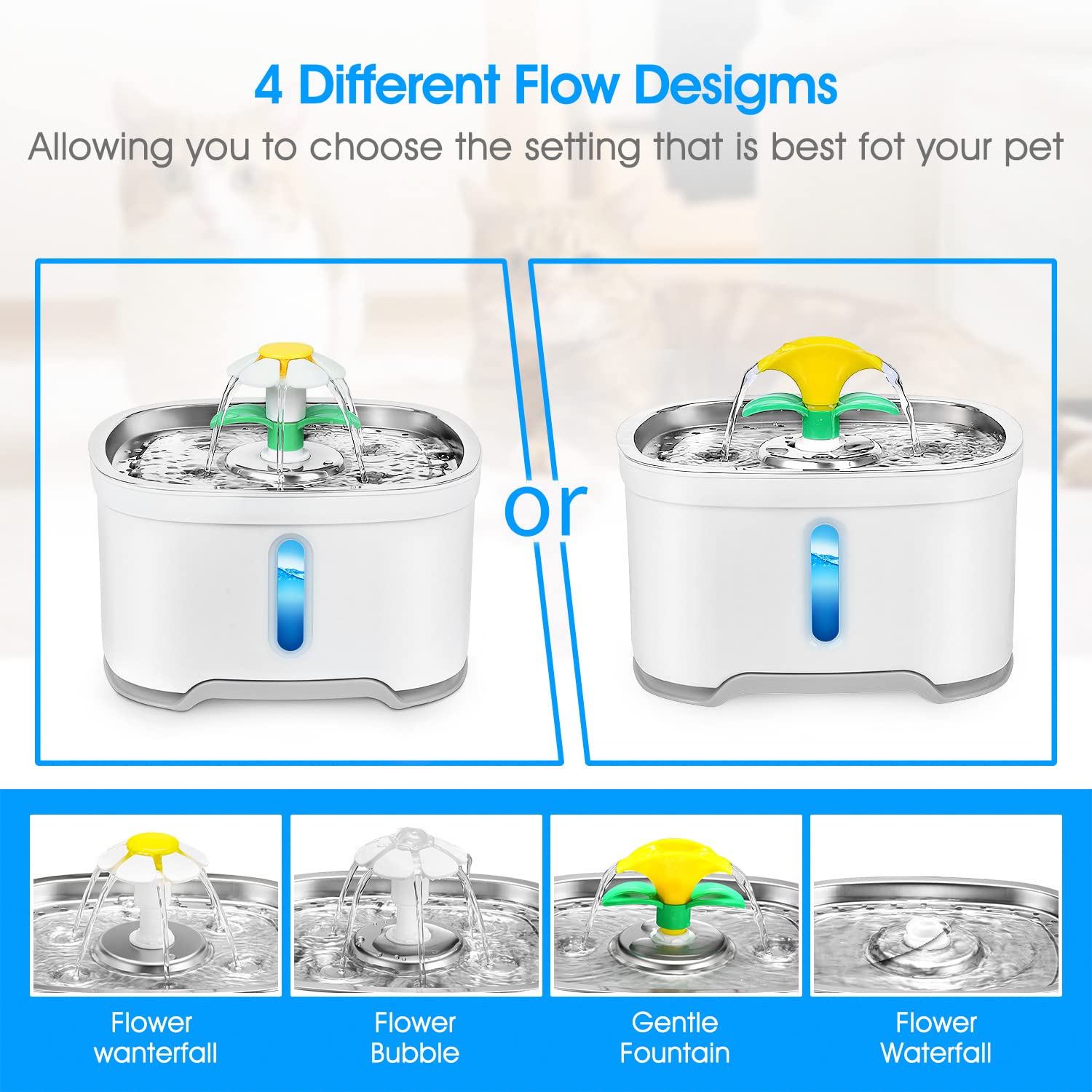 Fuente de agua de acero inoxidable para mascotas con adaptador, versión mejorada de 84 onzas/2.5 l, dispensador automático de agua para gatos con bomba ultra silenciosa para gatos, perros, pájaros