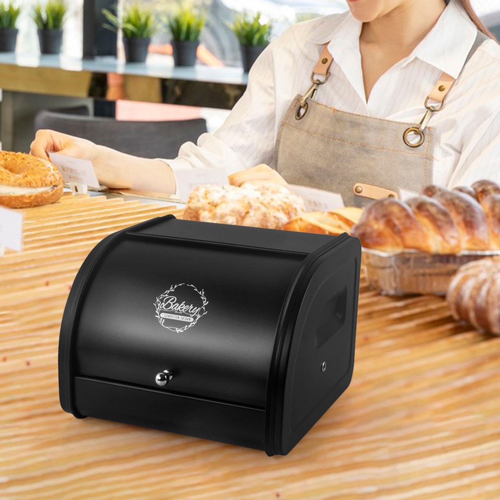 perfk Enrollable con Tapa Enrollable, Multiusos, rústica, portátil, de Gran Capacidad, para almacenar Pan, para panadería, Productos horneados, Negro