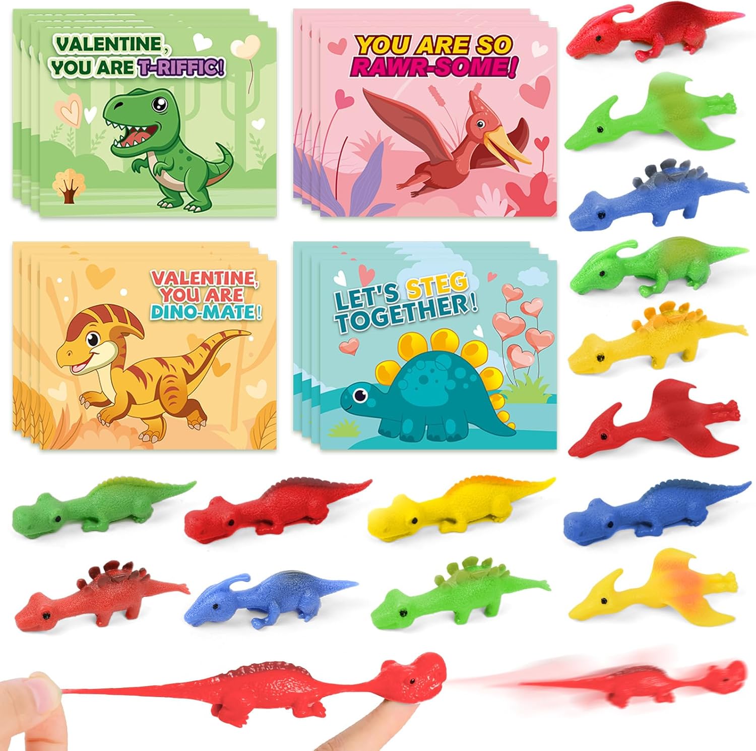 Shemira Valentines Day Cards for Kids, 32 Pack Slingshot Dinosaur Finger Fidget Toys with Valentines Cards for Kids, Valentine Cards for Kids School Classroom Favors, Valentines Day Gifts for Kids