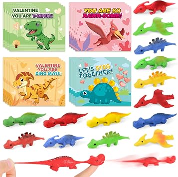 32 Pack Valentines Day Cards for Kids with Slingshot Dinosaur Finger Toys, Valentines Day Gifts for Kid Classroom, Valentines Exchange Cards for Kids, Valentines Party Favors, School Classroom Prize