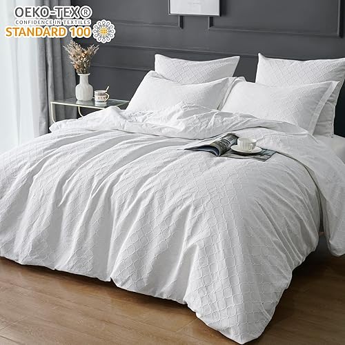 Miniatura 2 de PHF Juego de edredón de algodón tamaño King, juego de edredón con textura de matelasse de 3 piezas para todas las estaciones, cómodo y acogedor