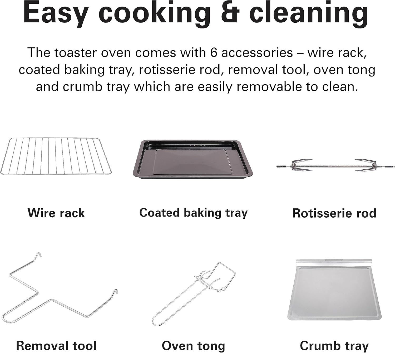 Six accessories for Hamilton Beach toaster oven: wire rack, baking tray, rotisserie rod, removal tool, oven tong, crumb tray