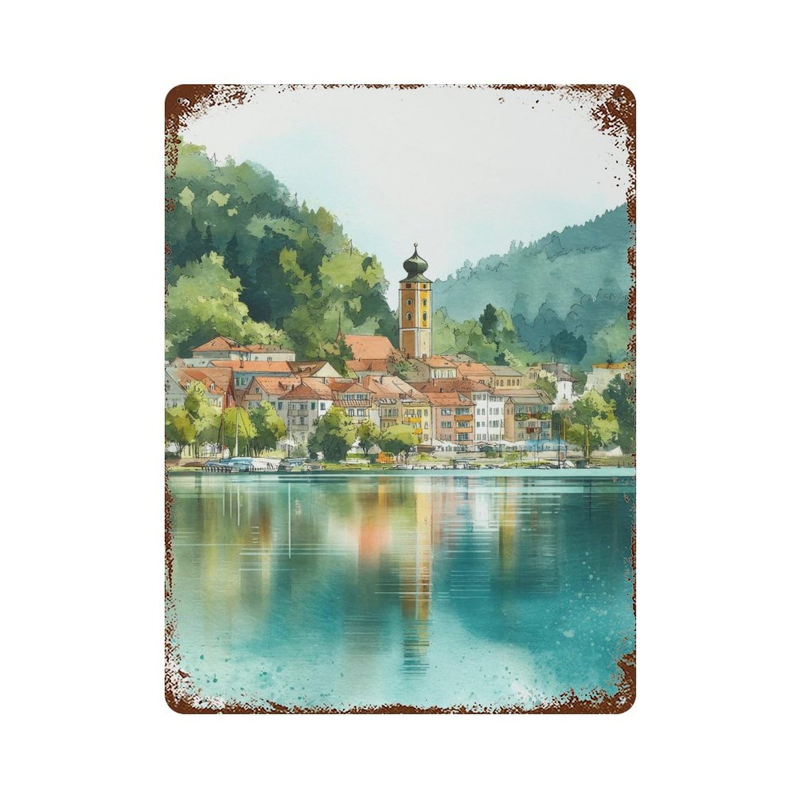 xiaoxiaoshen Klagenfurt Austria Watercolor Travel Lake Wörthersee Wall Decor Art Metal Tin Poster Modern Home Decor Art Home Bar Shop Decorations Vintage Sign 40x30cm