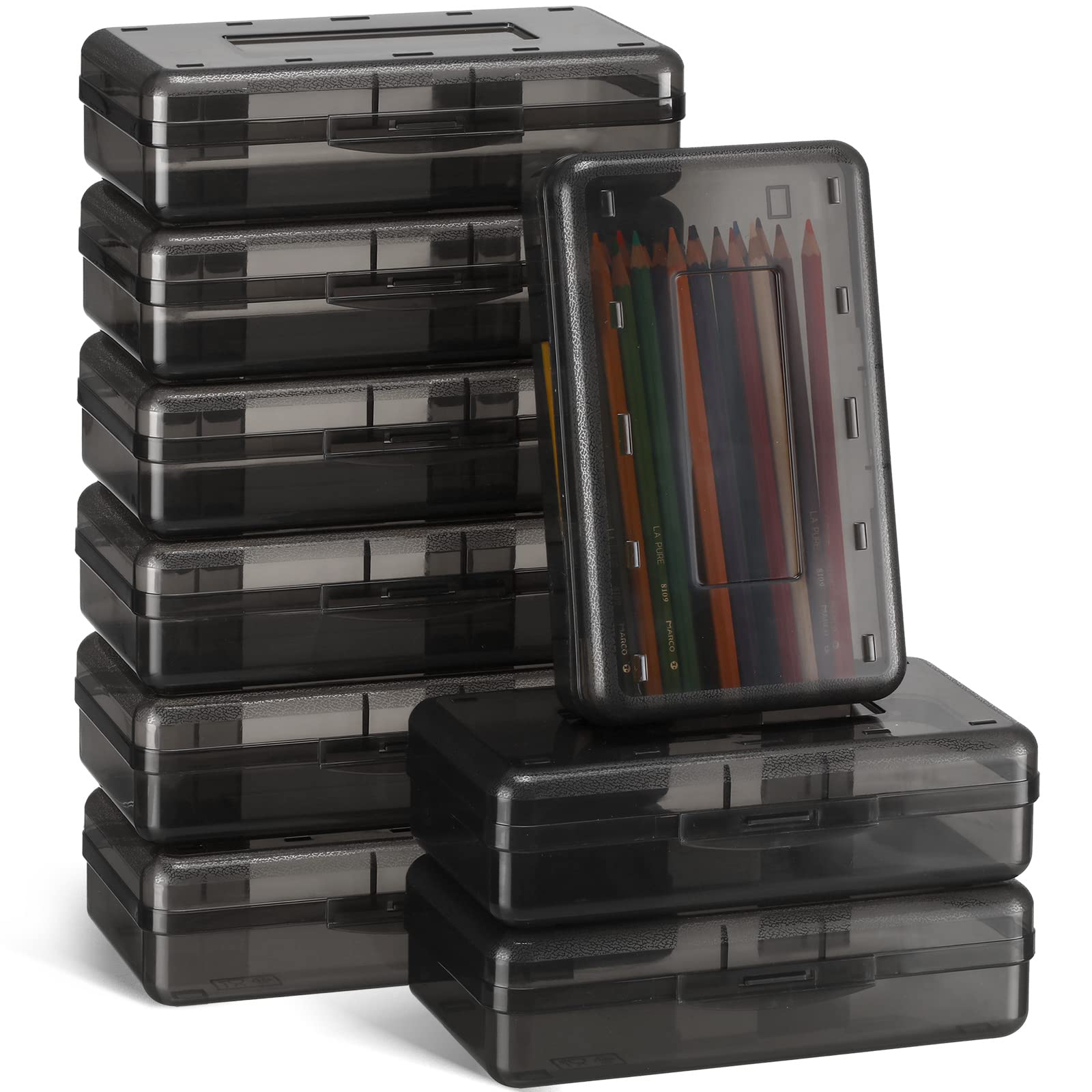 12 Pack Plastic Pencil Box Bulk Clear Pencil Case with Lid Snap Closure Hard Large Capacity Pencil Box School Storage Organizer Box Pen Pencil Holder for Kid Adult Student (Gray)