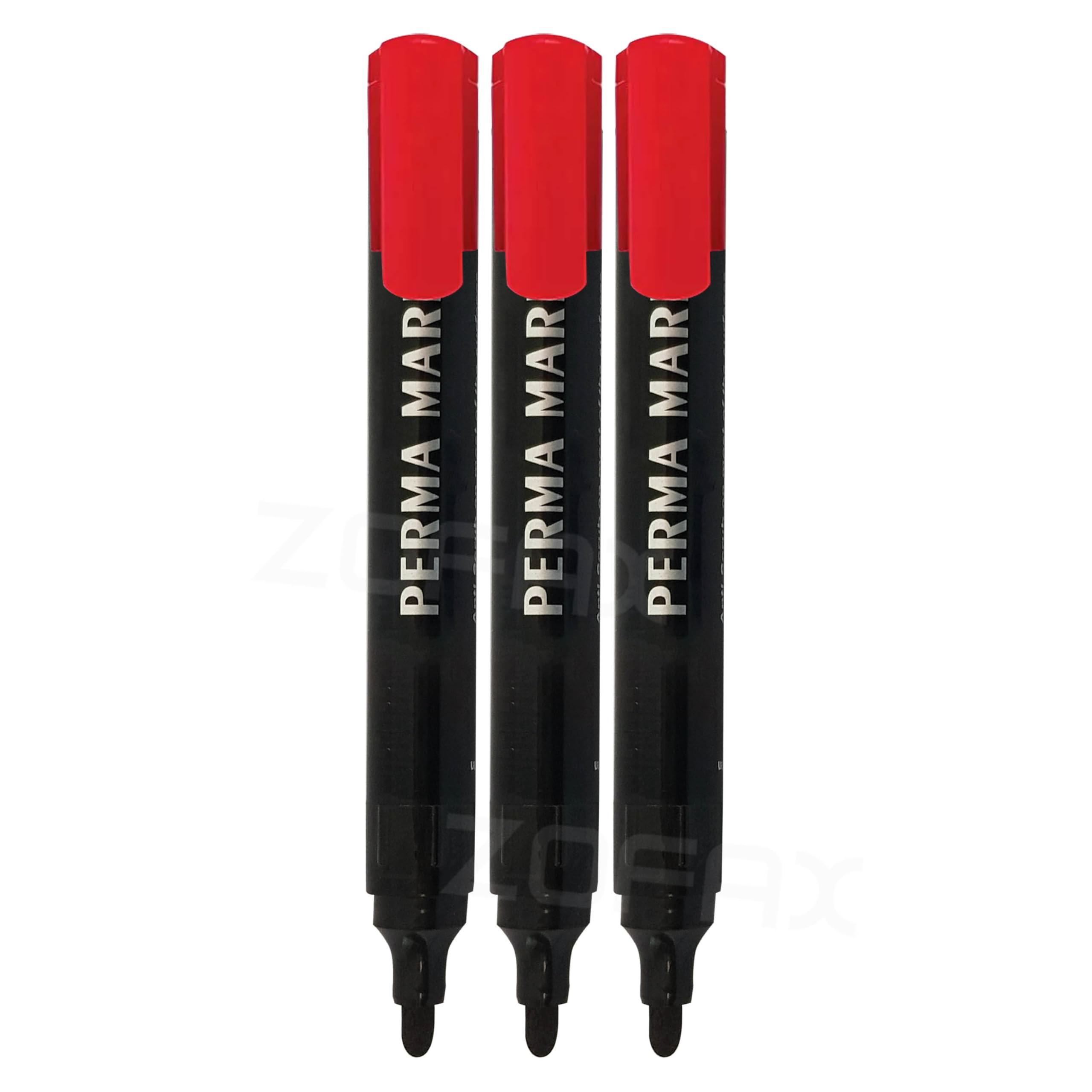 PERMA MARK Permanent Marker Pens, RED, Bullet Tip (3.0mm), Pack of 3, Marks on Most Surfaces, Waterproof UV resistant Ink, iZOFAX Black Ball Pen