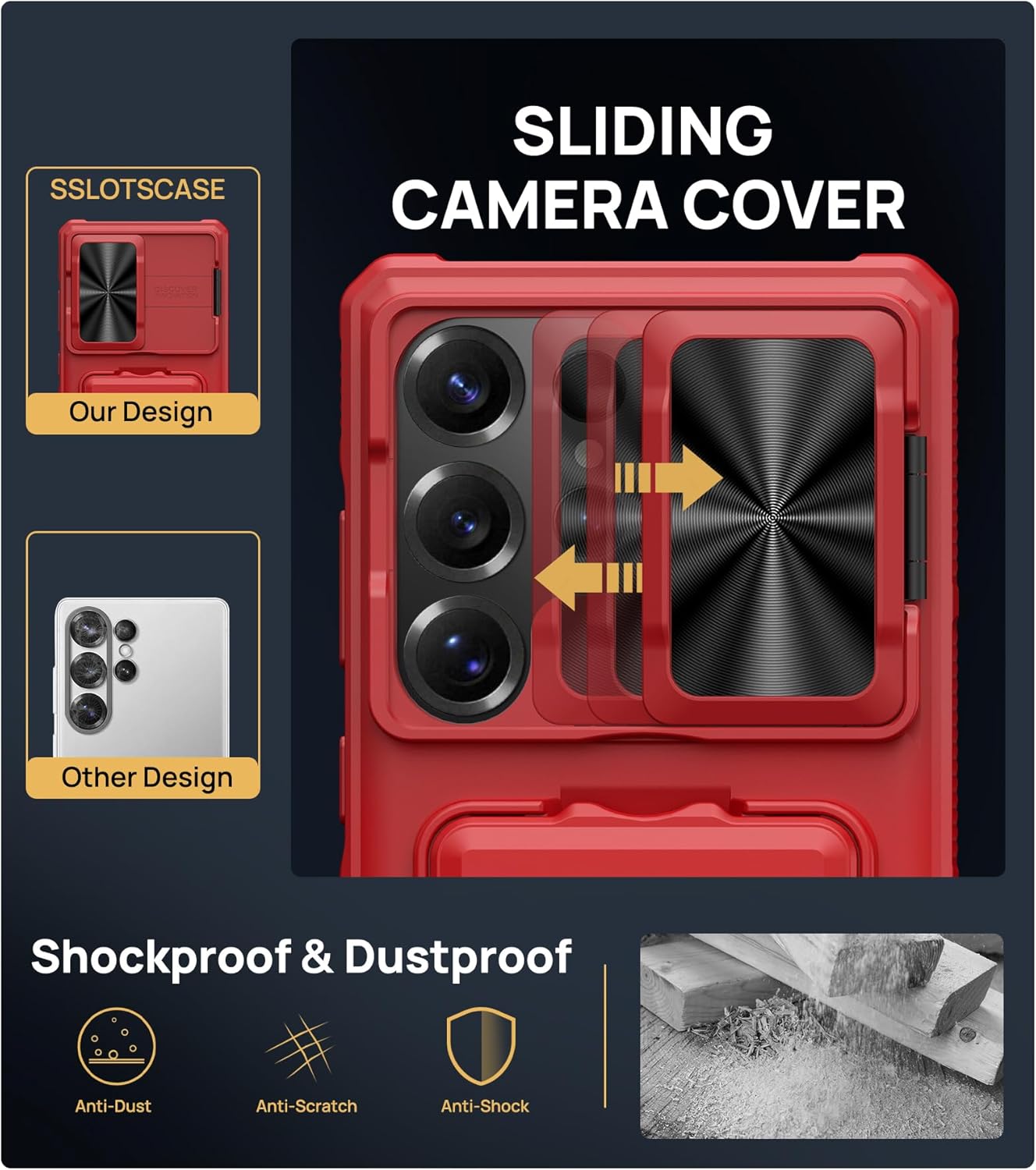 SSLOTSCASE for Samsung Galaxy S25 Ultra Case with Wallet & Stand & Sliding Camera Lens Cover & Card Holder, Heavy-Duty Rugged Silicone Edge Protective Phone Case Cover for S25 Ultra 5G 6.9" 2025, Red