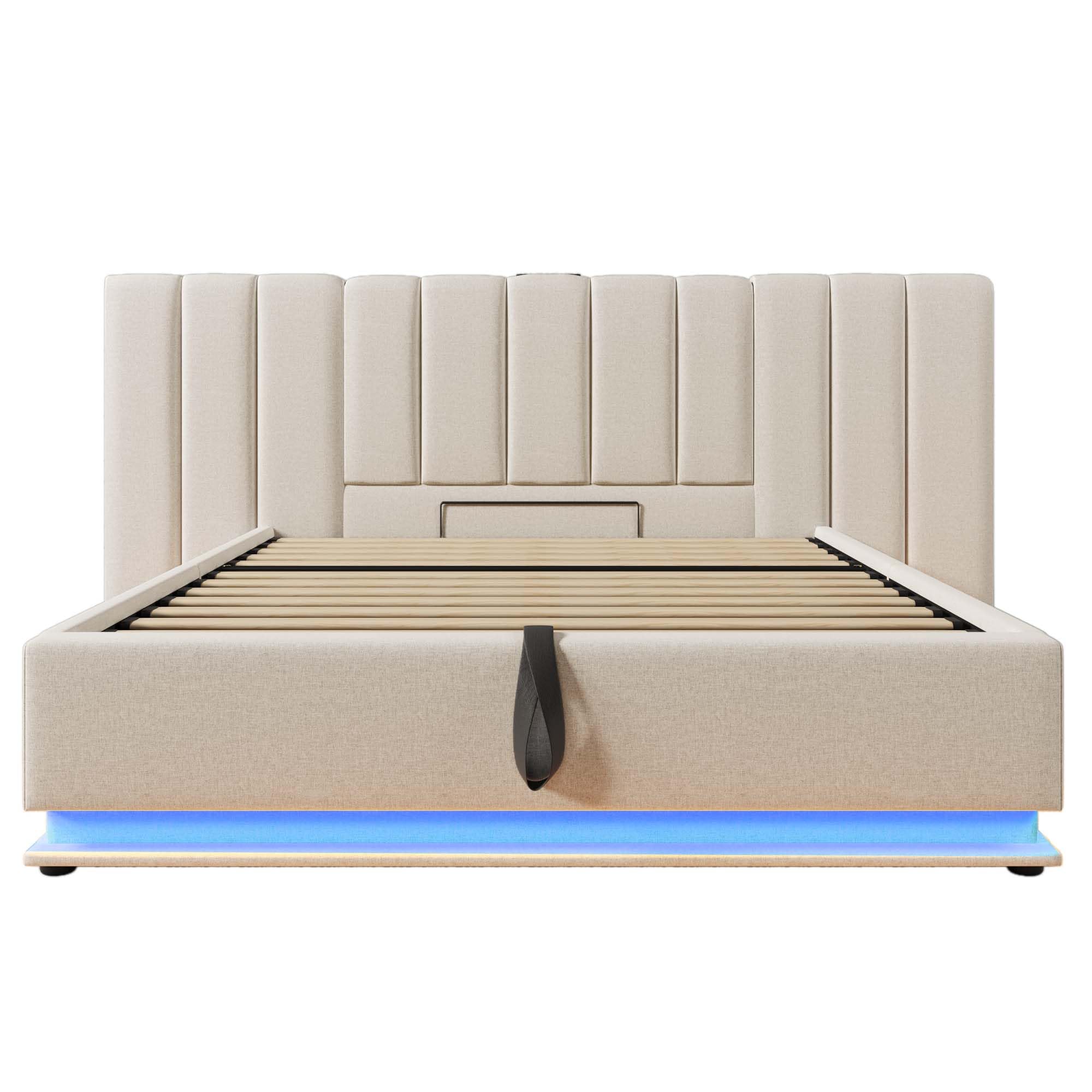 Moimhear Letto imbottito, letto matrimoniale con contenitore con controllo App LED e funzione di ricarica USB-C, lino, senza materasso e comodino (beige, 160 x 200 cm)