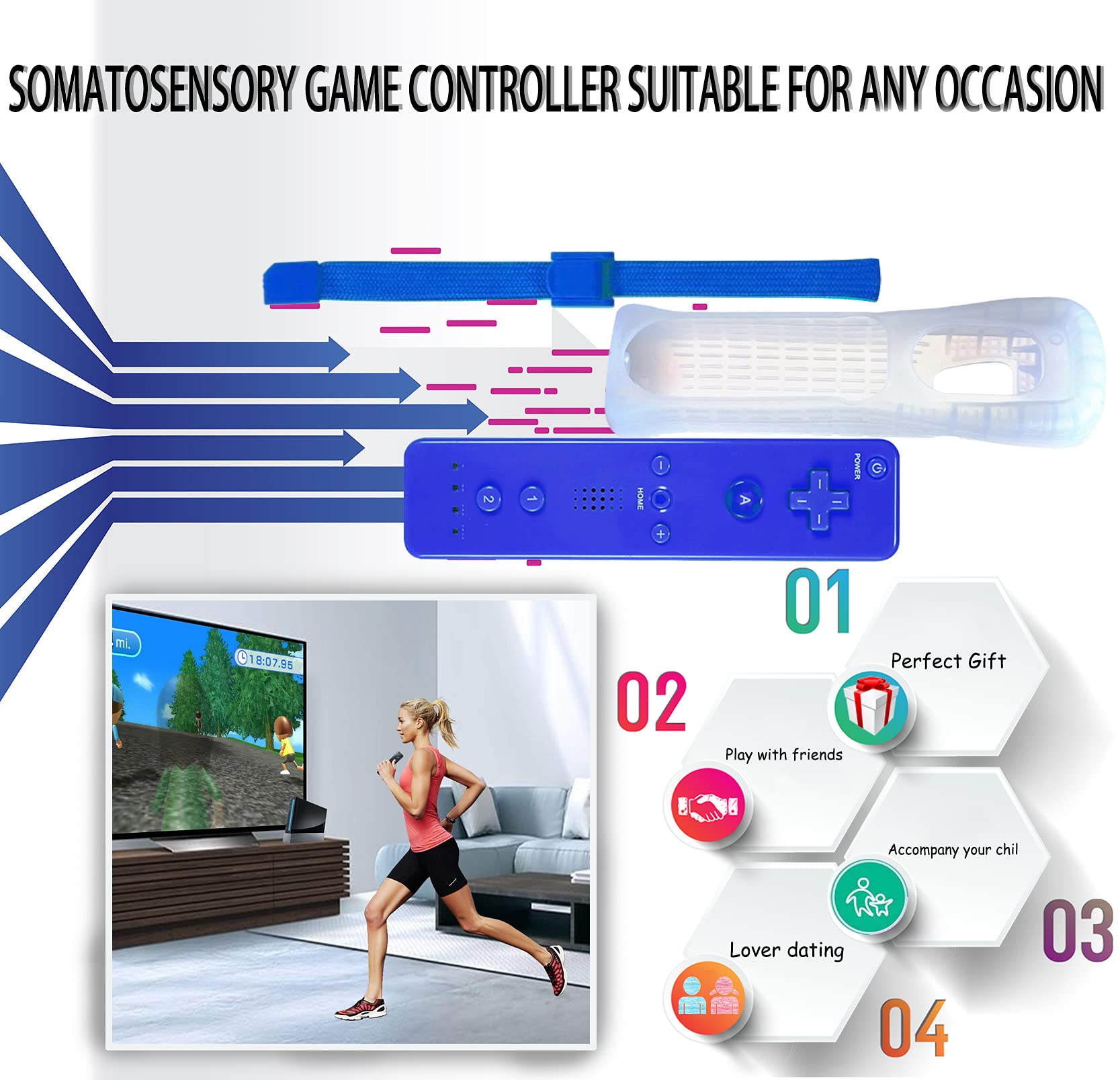 PGYFDAL - Telecomando e joystick Nunchuck per console wii/wii u (rosa e blu scuro)