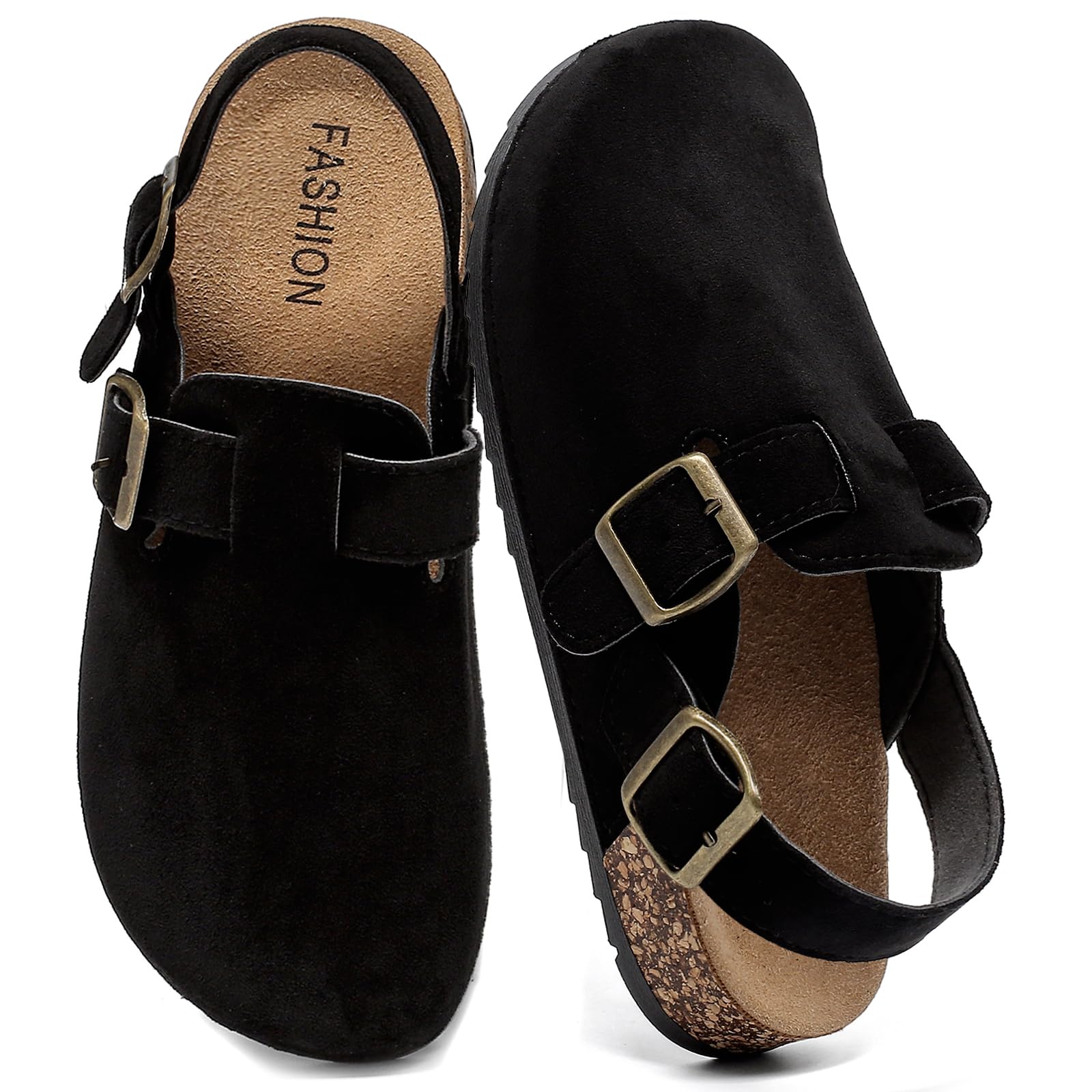 DDXYYDS Women's Suede Clogs with Back Strap Men's Cork Footbed Leather Mules Clogs for Women Comfort Memory Foam Slingback Clog Sandals with