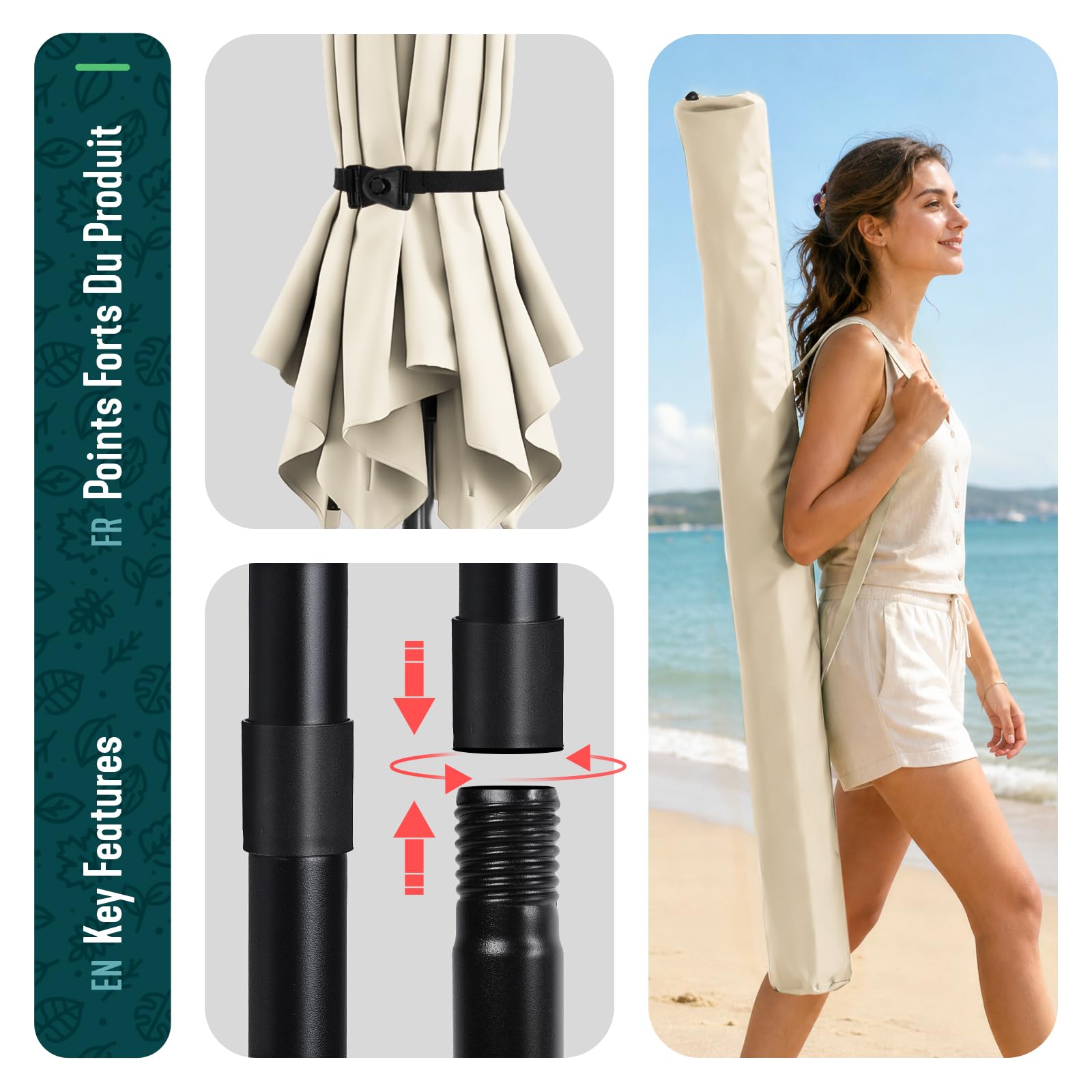 VOUNOT Ombrellone da Giardino Inclinabile 270 cm, Protezione UV 50+, Ventilazione Superiore, Borsa da Trasporto con Tracolla
