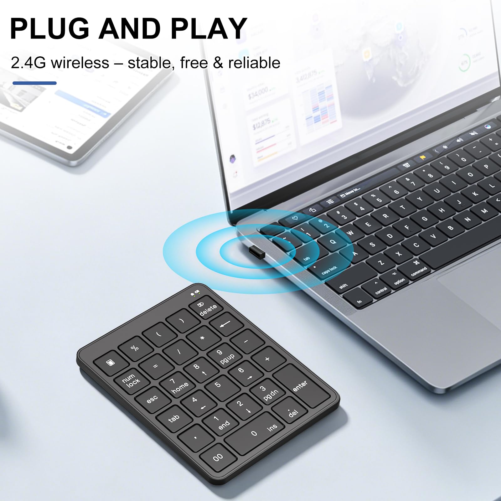 Pavé numérique sans fil avec adaptateur USB vers USB-C, pavé numérique 28 touches portable 2,4 GHz, clavier USB à 10 touches pour ordinateur portable, PC, bureau, Surface Pro, Notebook – Noir