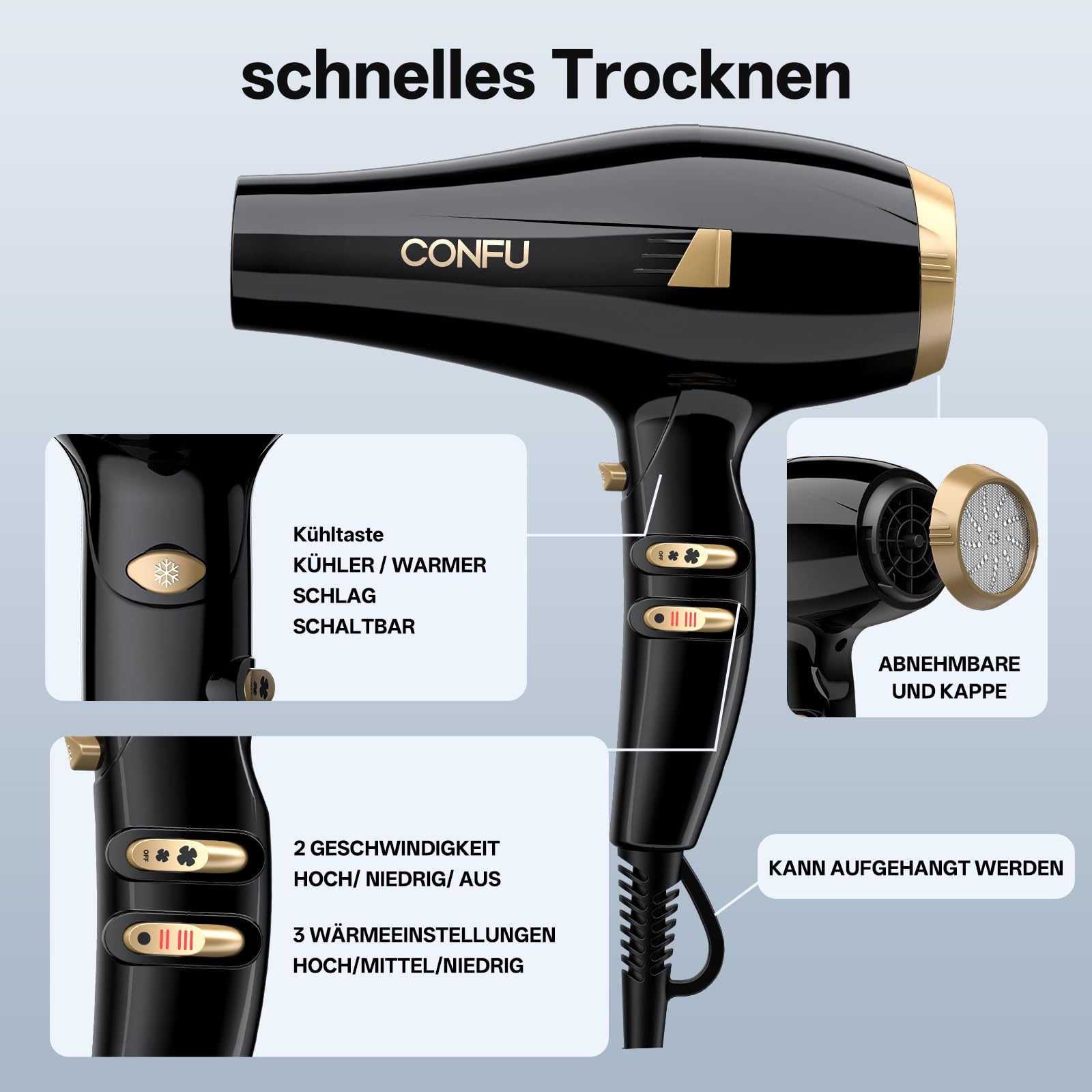 CONFU Sèche-cheveux professionnel ionique 2300 W avec diffuseur Buse de coiffage 2 vitesses et 3 chauffages AC Moteur Séchage rapide Puissant Sèche-cheveux pour salon de coiffure et famille (noir)