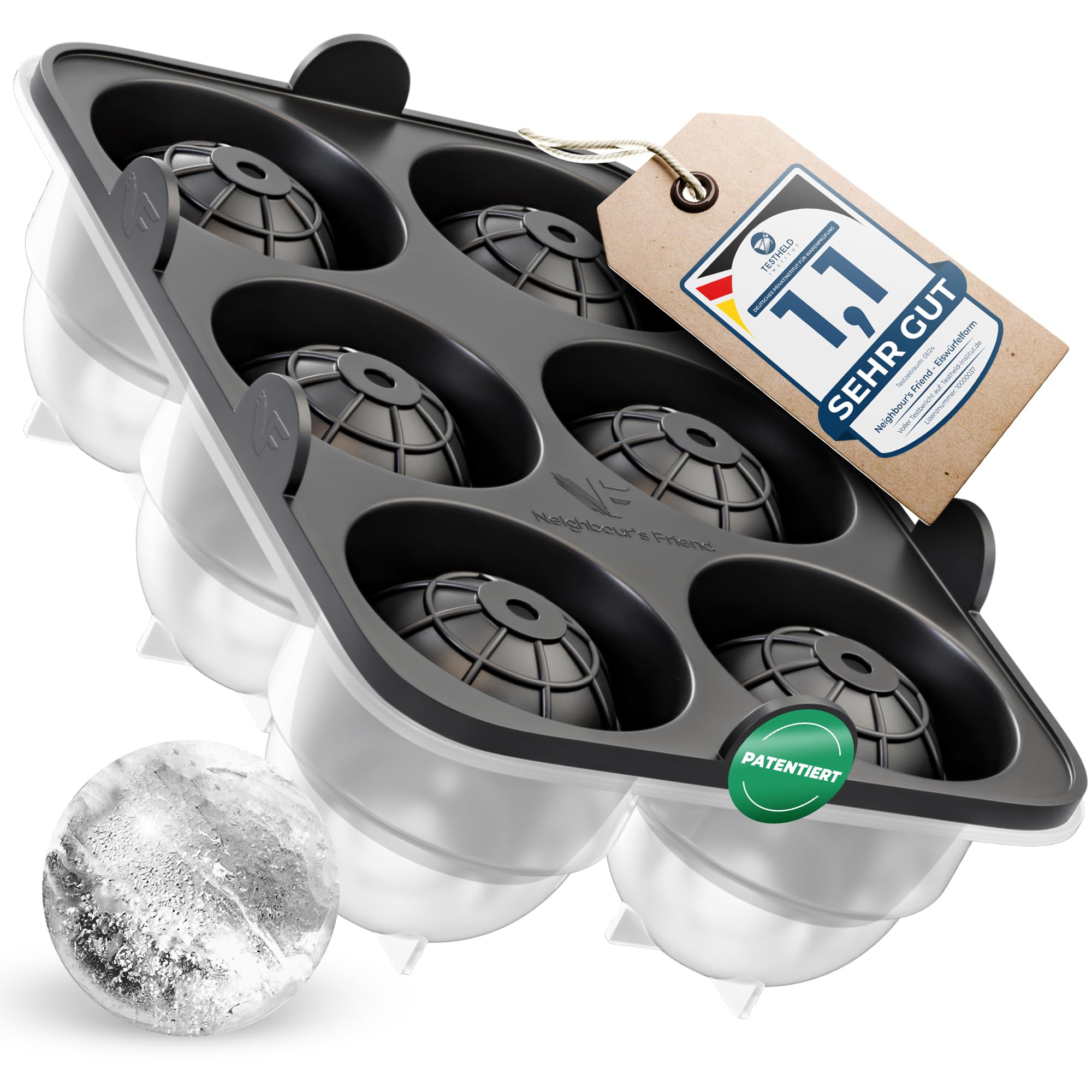 Neighbour's Friend Patentierte Eiskugelform XL - Große Eiswürfelform rund Platinsilikon für Cocktails, Whisky & Longdrinks - 6x Eiswürfel rund spülmaschinengeeignet - XXL Eiswürfel
