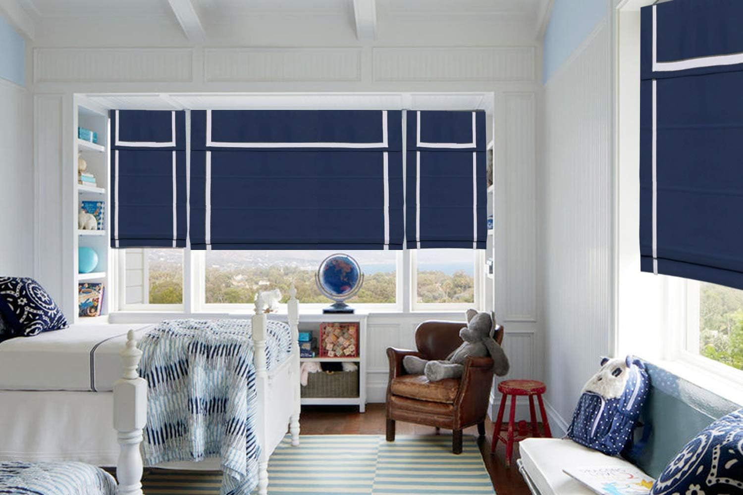 Roman Shades Window Blinds, Dark Blue Premium Blackout Window Roman Shades, Custom Washable Fabric Roman Shades for Windows, Doors, French Doors, Kitchen Windows Including White Border (1 Piece)