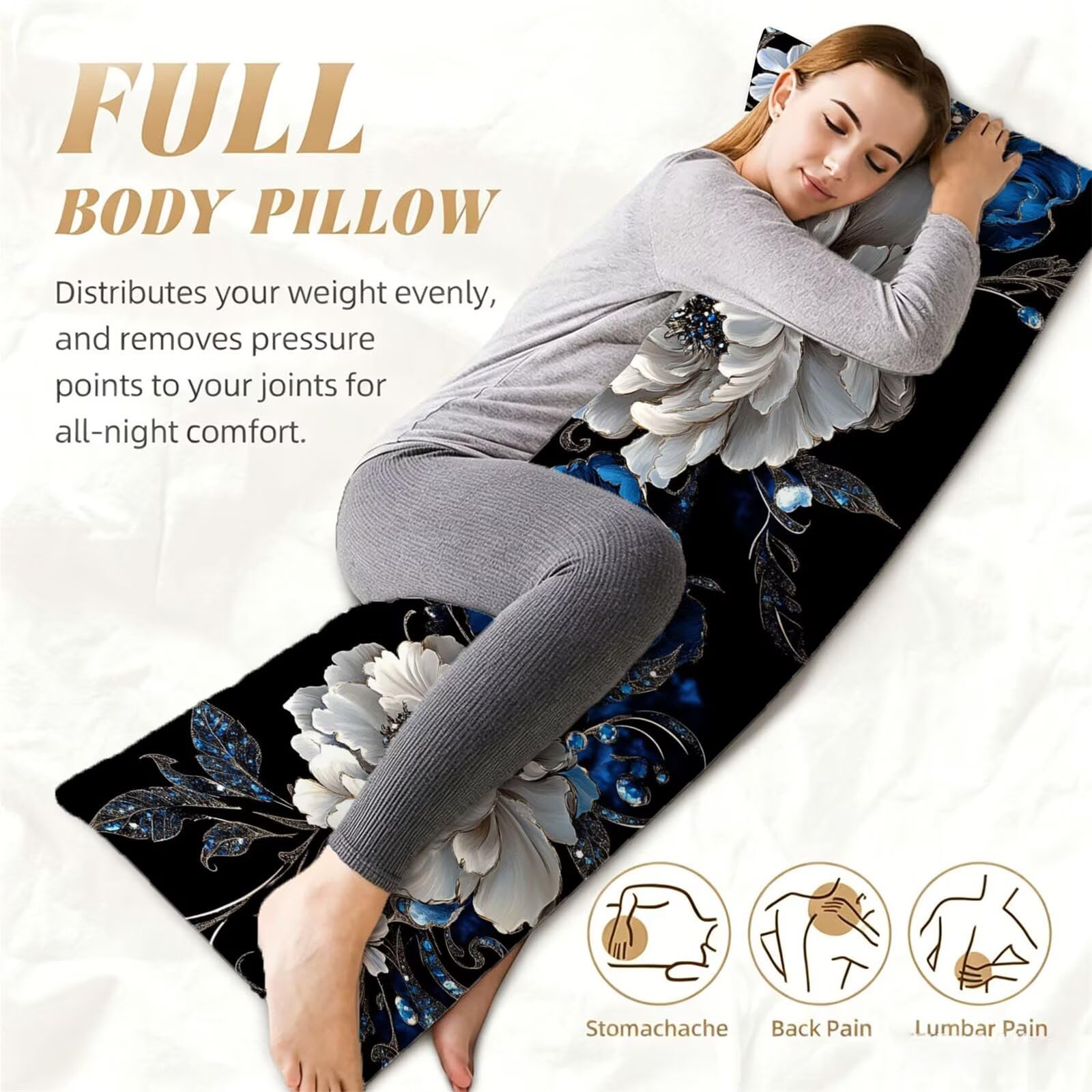 Funda de Almohada 60 x 180 cm Negro Protector Almohada 180 cm con Cremallera Invisible, Lino Durable y Transpirable Pillow Case Largas Flor Impresión a Doble Cara para Cama, Sofá y Dormitorio dg-164