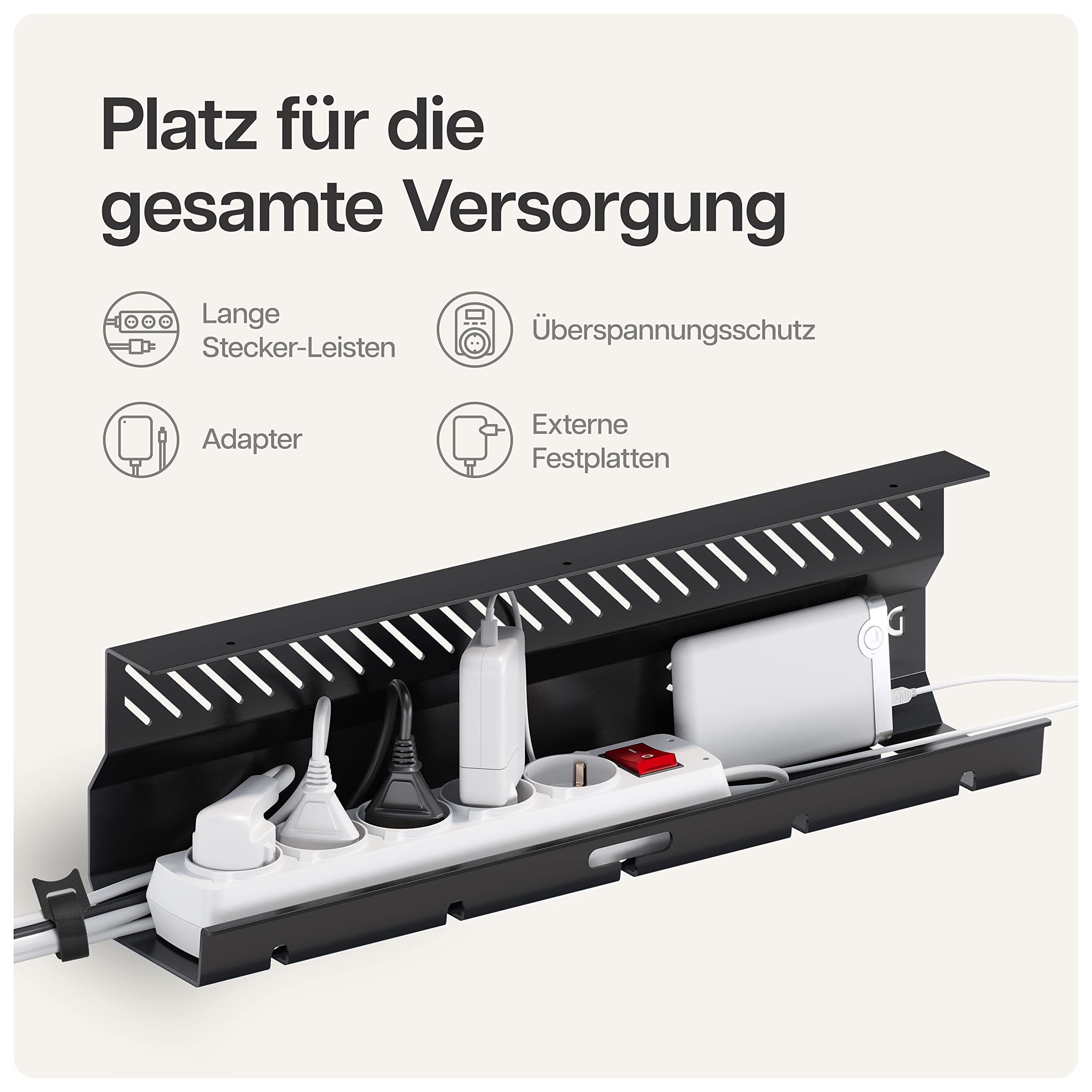 Kabelkanal Schreibtisch Schwarz 2er Set - Edelstahl Kabelmanagement Schreibtisch Kabelkanal mit 5 Kabelausschnitten - Einfach zu Installierender Kabel-Organizer - Kabelhalter von Desktronic