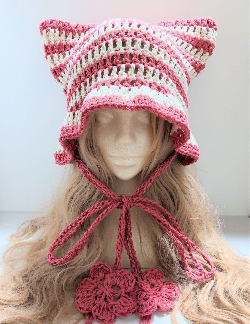【ry;】猫耳ニット帽 ショッキングピンク ハンドメイド 編み物 猫耳ニット帽 イヤーマフ ハンドメイド 編み物 ピンク