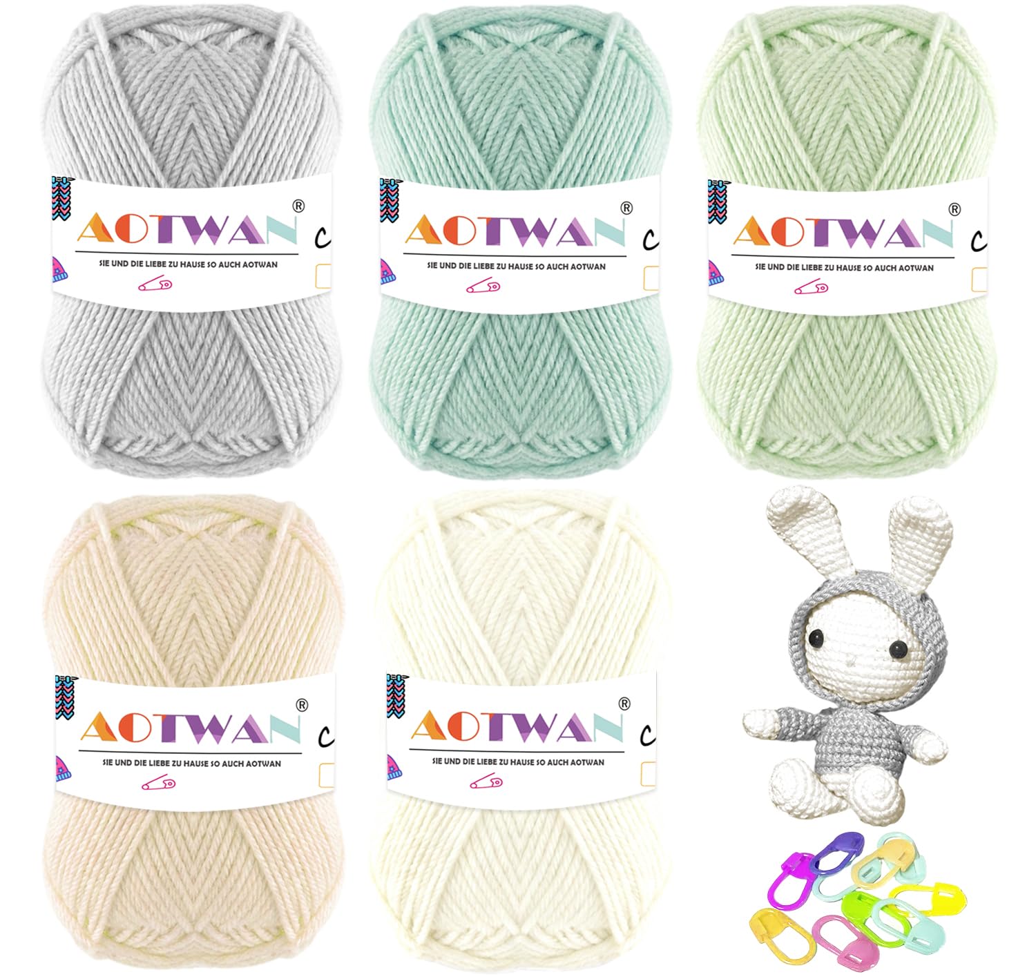 AOTWAN 250g Crochet Yarn Wool for Crochet 5 Colours x 50g Pastel Lovely Wool Yarn Crochet for Beginners with 10 Stitch Markers