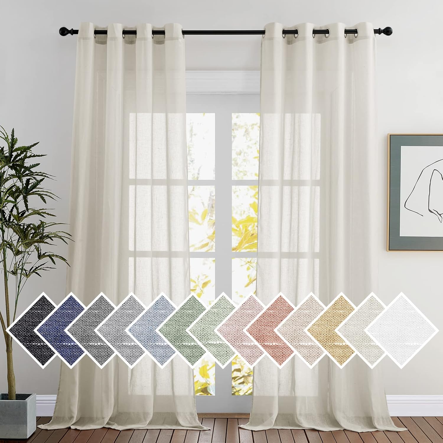 NICETOWN Linen Sheer Curtains 90 inch Length for Living Room, Privacy Semi Sheer Curtains Linen Weave Privacy Drapes with Light Filtering for Bedroom/Hall, Natural, W52 x L90, 1 Pair 52"W x 90"L (Pack of 2) Natural