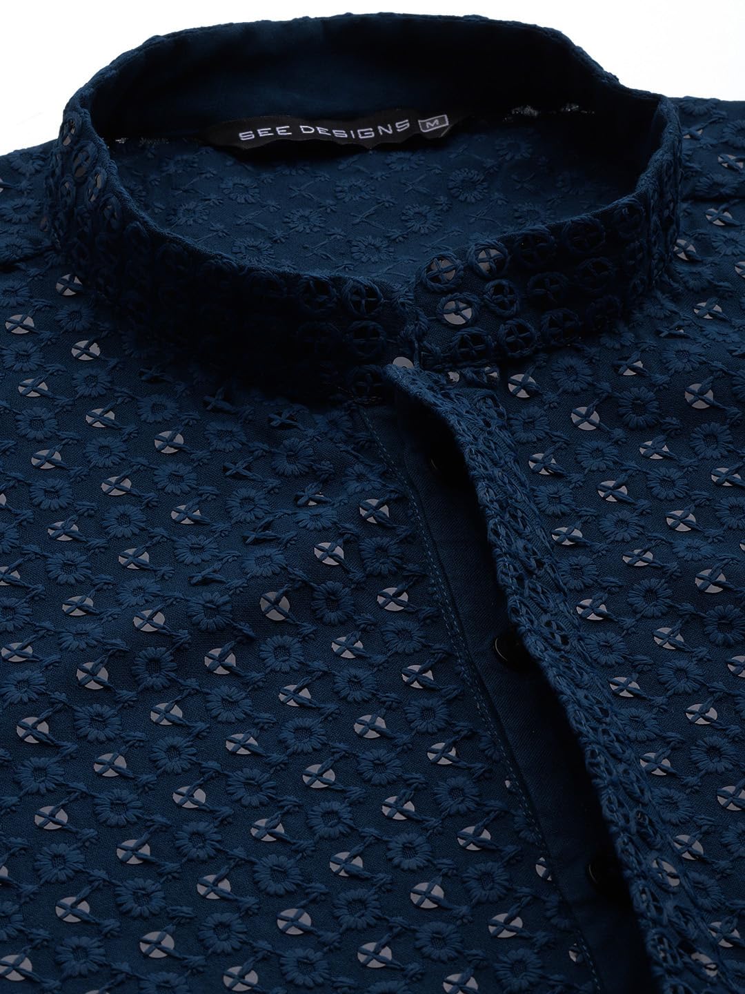 See Designs Men Mandarin Collar Teal Blue Floral Embroidered Sequined Rayon Full Sleeve Kurta With Pyjama - Sd2Ekt_129601S