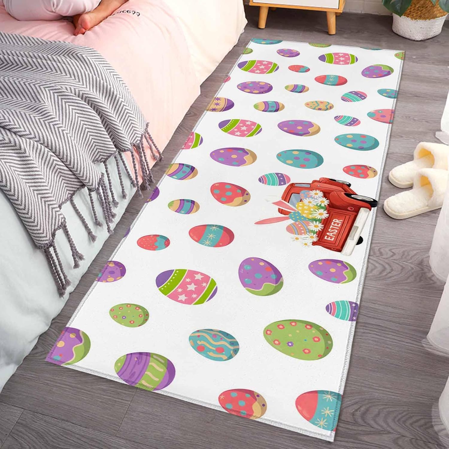 Teamery Kitchen Mats for Floor Spring Easter Egg Seamless Washable Non Slip Kitchen Rugs 1PCS, Farm Truck with Flower Bunny Absorbent Standing Mats for Sink Bathroom Office Living Room 23.6x70.9in