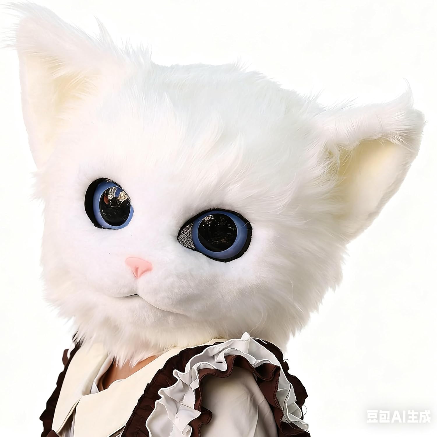 Realistic Cat Head Fursuit Mask, White and Gray Plush Costume with Blue Eyes, Professional Cosplay Mascot