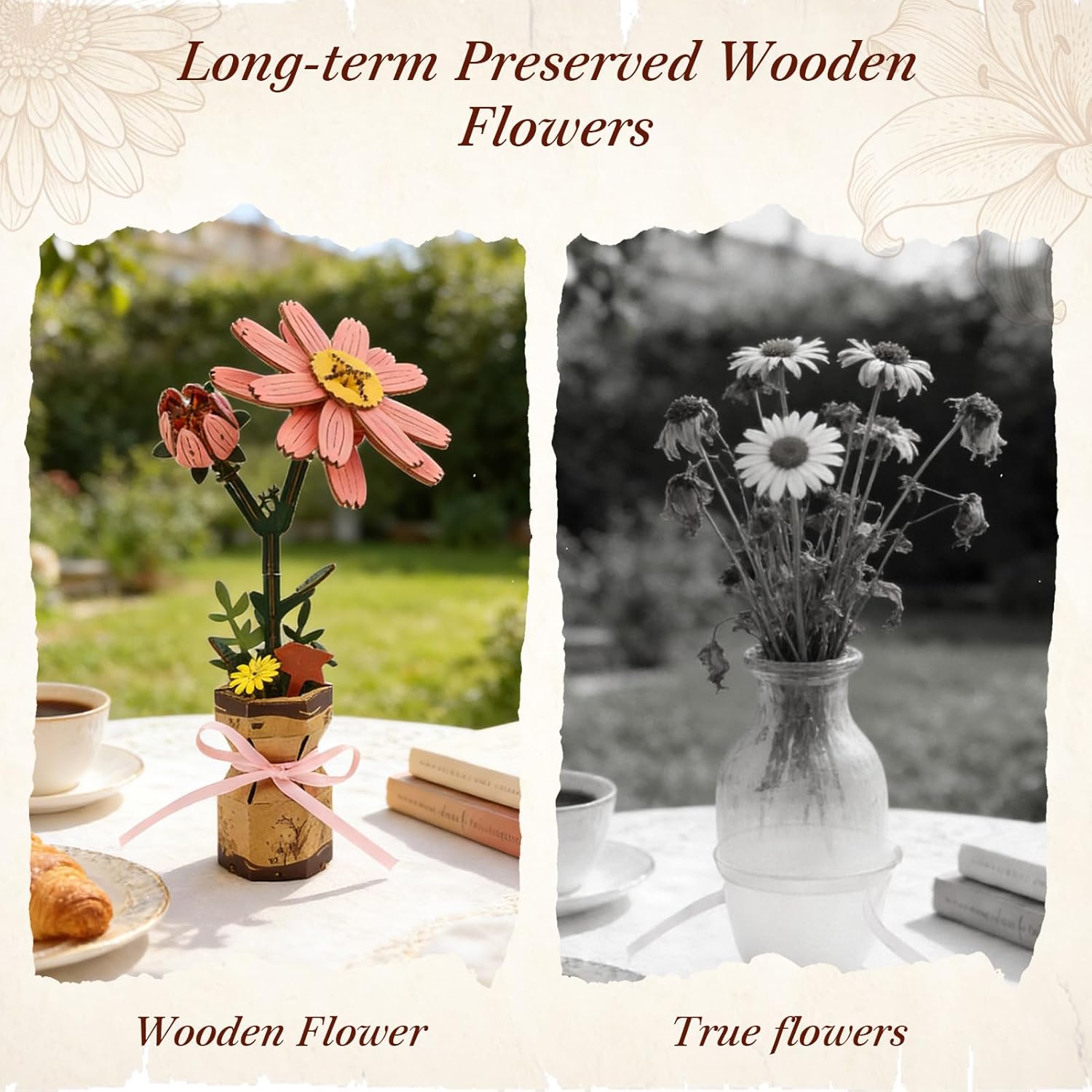 BUSOHA 3D Wooden Flower Puzzle for Adults – DIY Daisy Flowers Crafts for Adults Realistic Wooden Flower Bouquet Building Set, Creative Home Decor & Unique Gift for Women, Mom, Girlfriend,104PCS