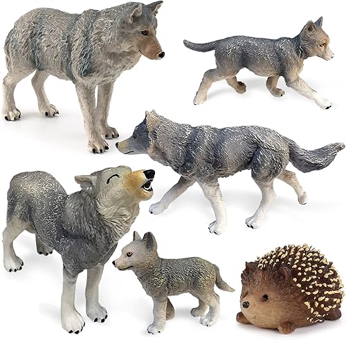 LC JoyCre Juego de figuras de juguete de lobo, 6 figuras de animales de lobo, figura de erizo, diorama, juguete educativo para decoración de tartas,