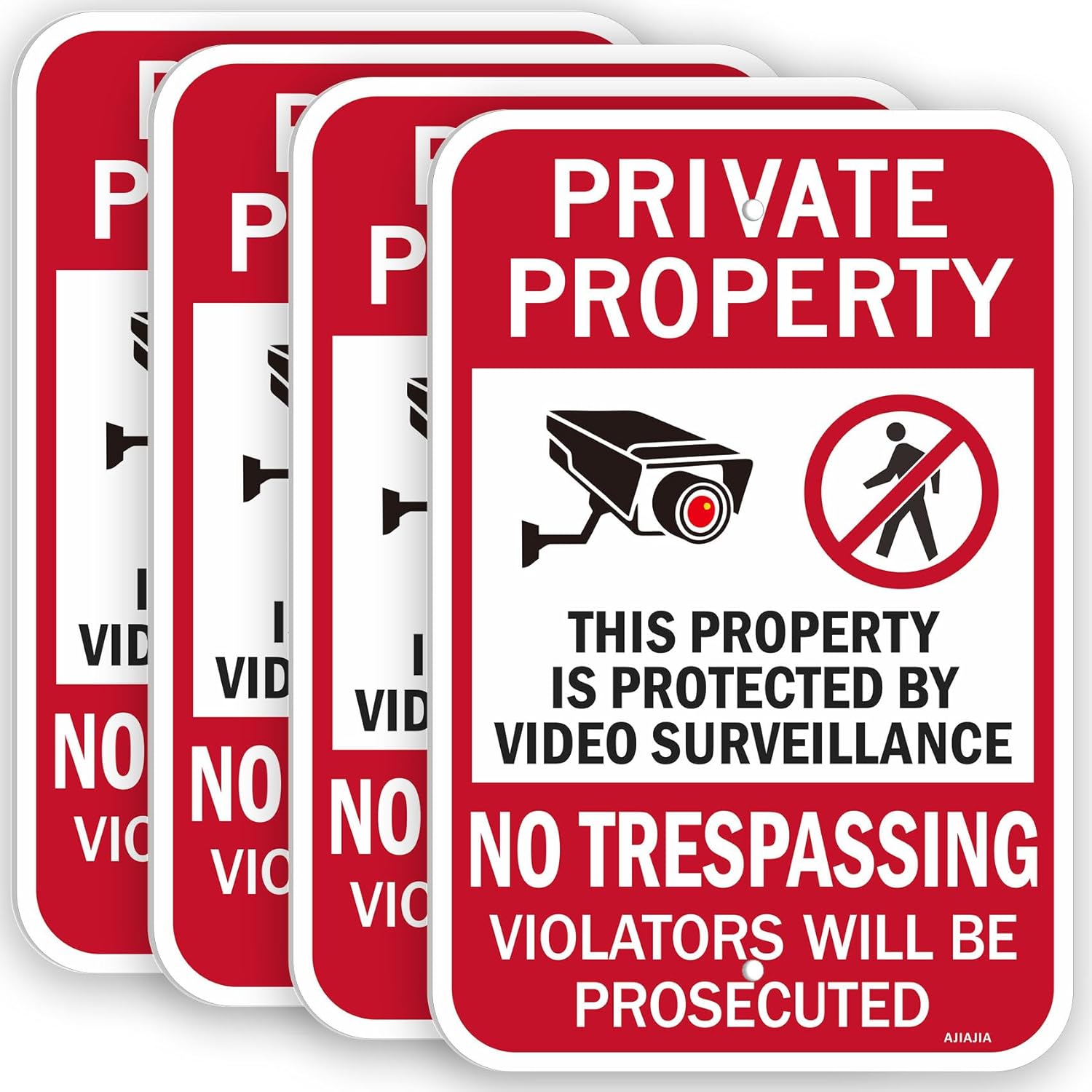 (4 Pack) Large No Trespassing Private Property Sign Video Surveillance Signs, 18" x 12" Rust Free Aluminum, Fade Resistant,Weather Resistant, Waterproof, 2 Pre-drilled Holes