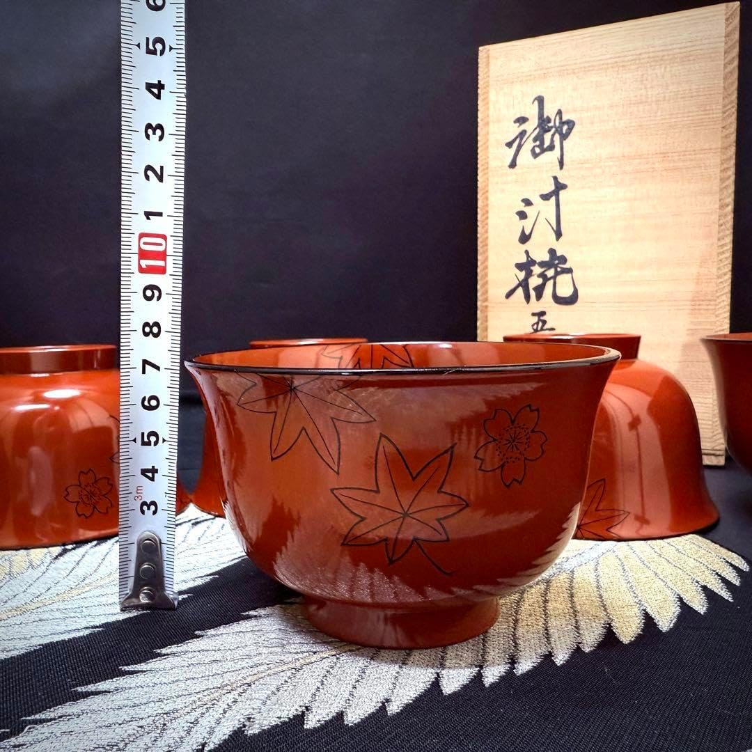 漆器 木製 もみじ桜彫 細工 茶碗 吸物椀 汁椀 5客 共箱 - WWW