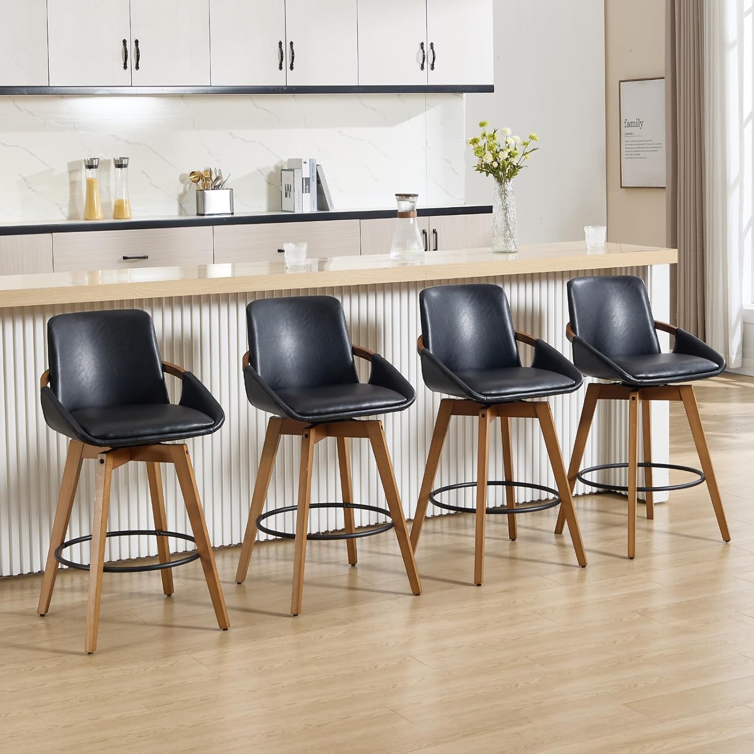 HEAH-YO Modern Counter Stools Set of 4, Upholstered 26 Inches Counter Height Bar Stool with Backrest, Swivel Kitchen Stool for Island, Linen White