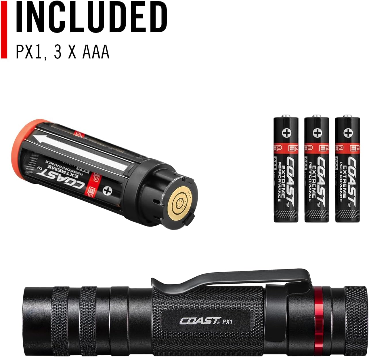 Coast PX1 flashlight, battery carrier, and three AAA alkaline batteries
