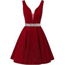Yexinbridal Satin Glitter Homecoming Dresses for Teens Short Prom Dress V-Neck Beaded Evening Formal Cocktail Party Gowns