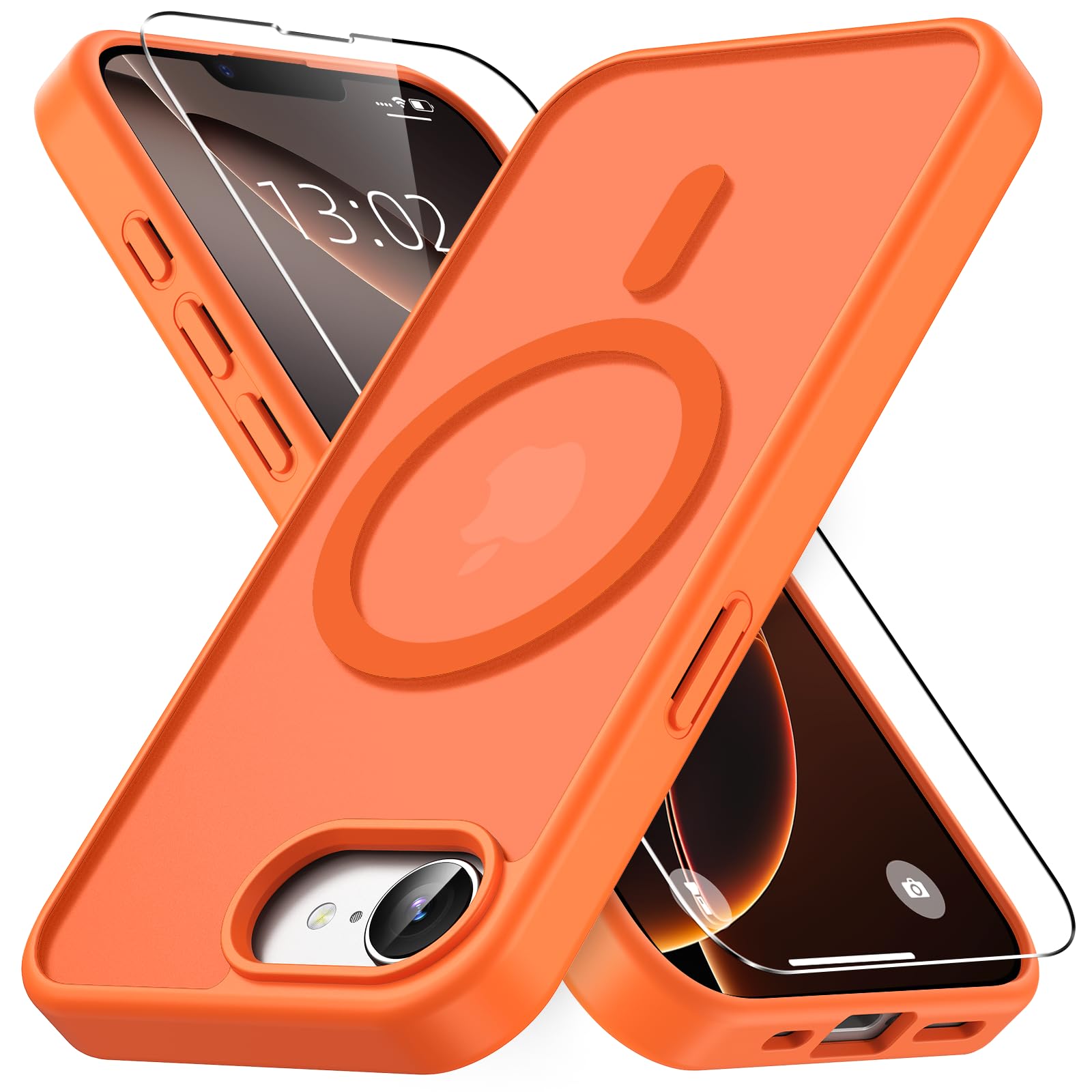 Vansdon Cover Magnetica per iPhone 16e /iPhone 17e con 1 Pezzi Vetro Temperato, Compatibile con Magsafe, Protezione anticaduta di livello militare, Custodia Traslucida Opaca Sottile Antiurto-Arancia