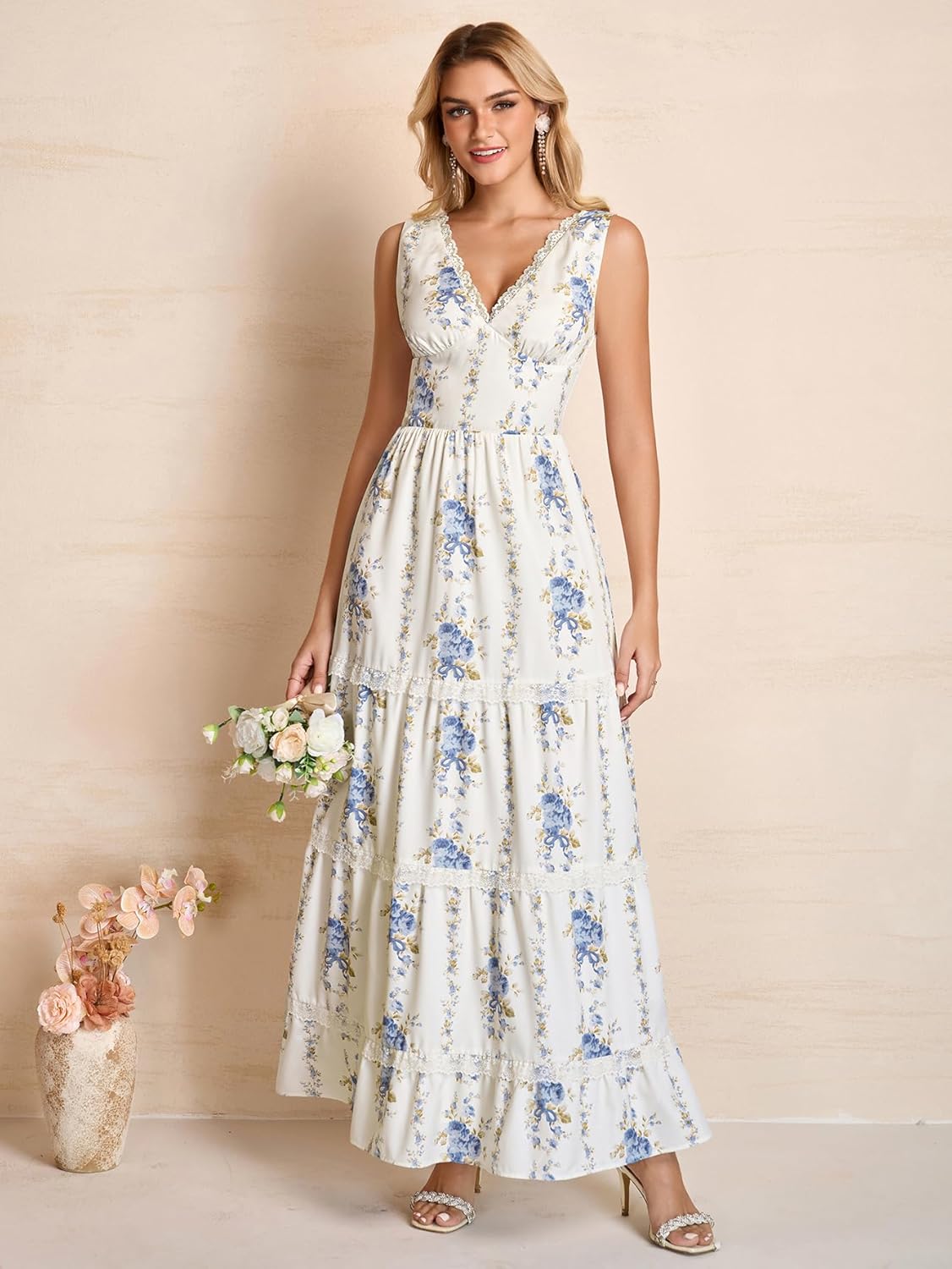 KUTUMAI Summer Lace Floral Wedding Guest Maxi Dresses for Women V Neck Corset Long Flowy Tea Party Dress - Image 6