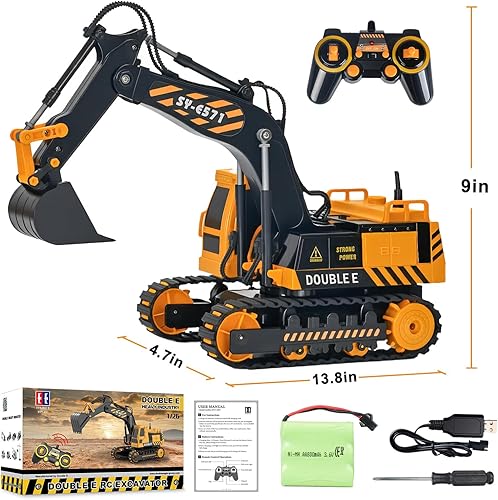 Vista 22 de DOUBLE E Excavadora de juguete con control remoto, juguetes de construcción, tractor, batería recargable, vehículos RC, camión eléctrico, caja