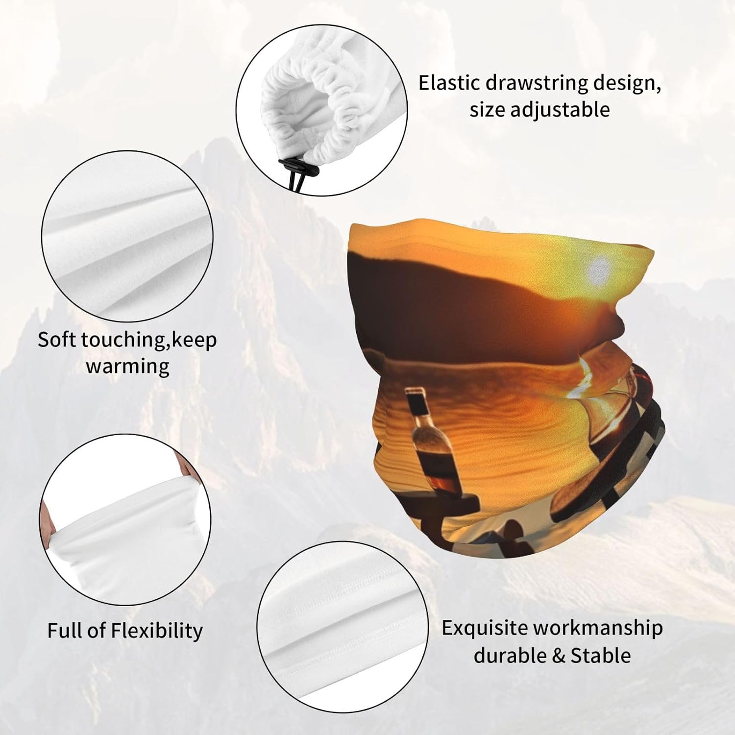 Neck Warmer Winter, Chair And Wine At Sunset Lake Print For Cold Weather Winter Face Mask,Thick Warm Neck Gaiter Face Scarf,For Men Women Skiing Cycling - With Rope