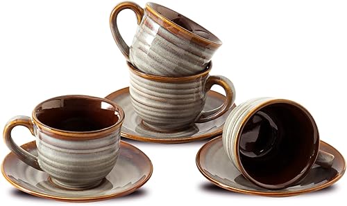 Hasense Tazas de café expreso con platillos, juego de 4 tazas de café espresso pequeñas de cerámica de 4 onzas, juego de tazas de capuchino, tazas