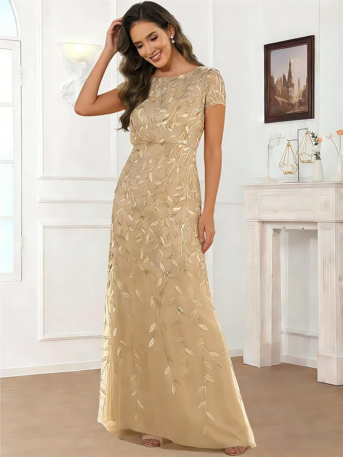 Sequin Mother of The Bride Dresses Short Sleeves Long A Line Sparkly Lace Formal Dress - Image 6