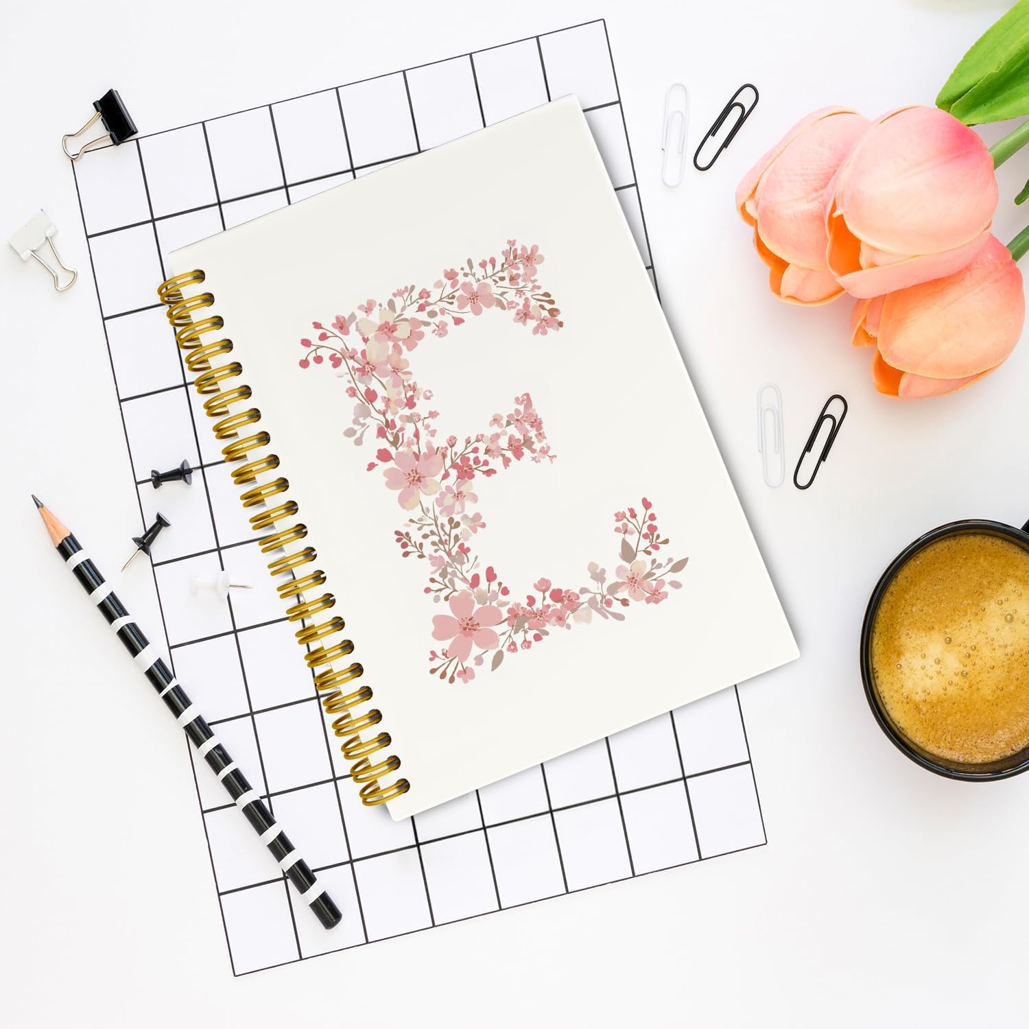 Pink Cute Spiral Notebook Journal, Preppy Floral Initial Letter E Personalized Journaling Notebooks, Monogrammed Gifts for Women Girls, Botanical Hardcover Spiral Lined Notebook 5.5 x 8.3 - Image 2