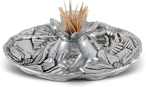 Miniatura 4 de Arthur Court Bandeja de metal de aluminio con diseño de flores de magnolia Tidbit Cheese Hors con vidrio para palillo de dientes, plato de