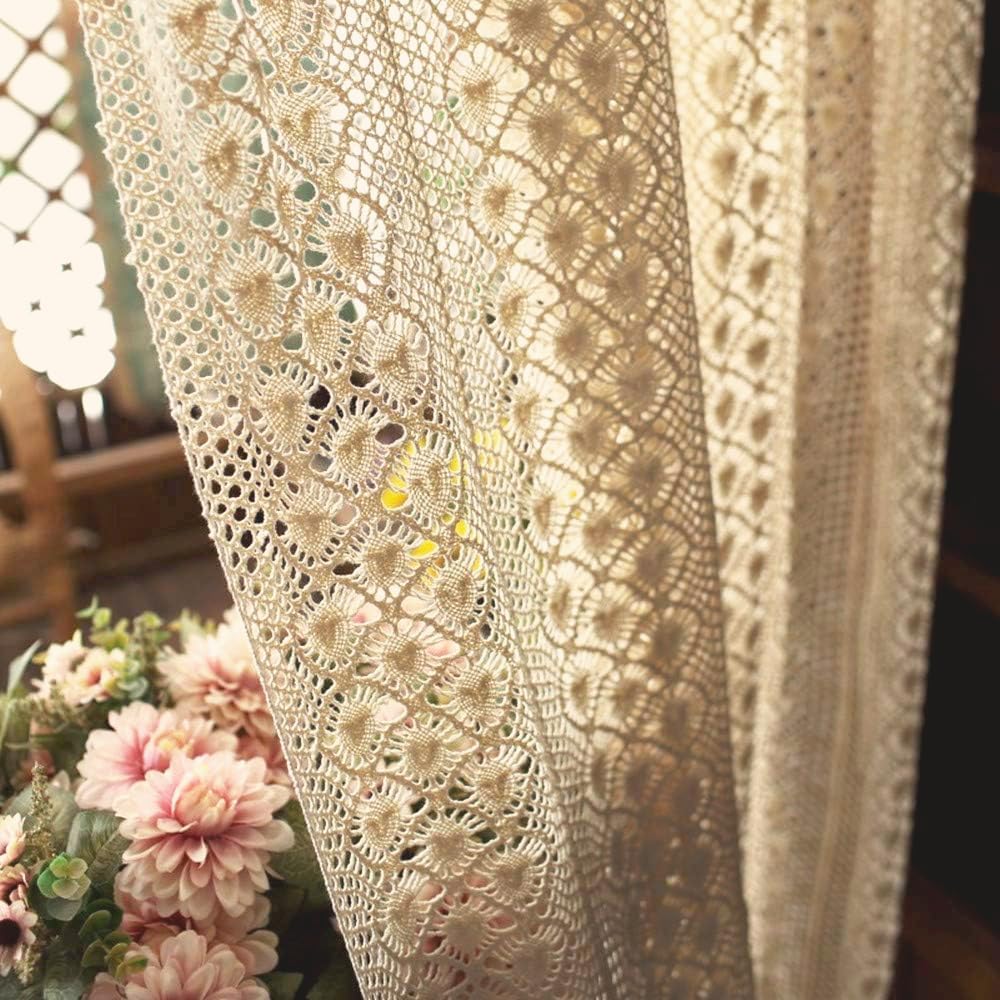 Rustic Crochet Curtains for Living Room Farmhouse Knitted Cotton Curtain Panels for Home Decor Room Divider Rod Pocket Boho Hollow Lace Curtains for Sliding Glass Door 1 Panel W59 X L94 Inch