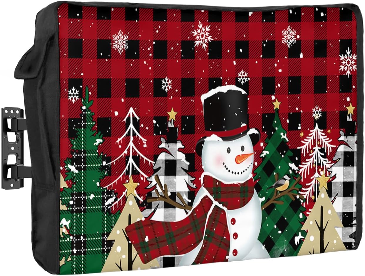 Outdoor TV Cover - Red Check Christmas Snowflake Xmas Tree Waterproof and Weatherproof 80"-85" LCD Movable Shield TV Display Screen Protector Outside Television Covers