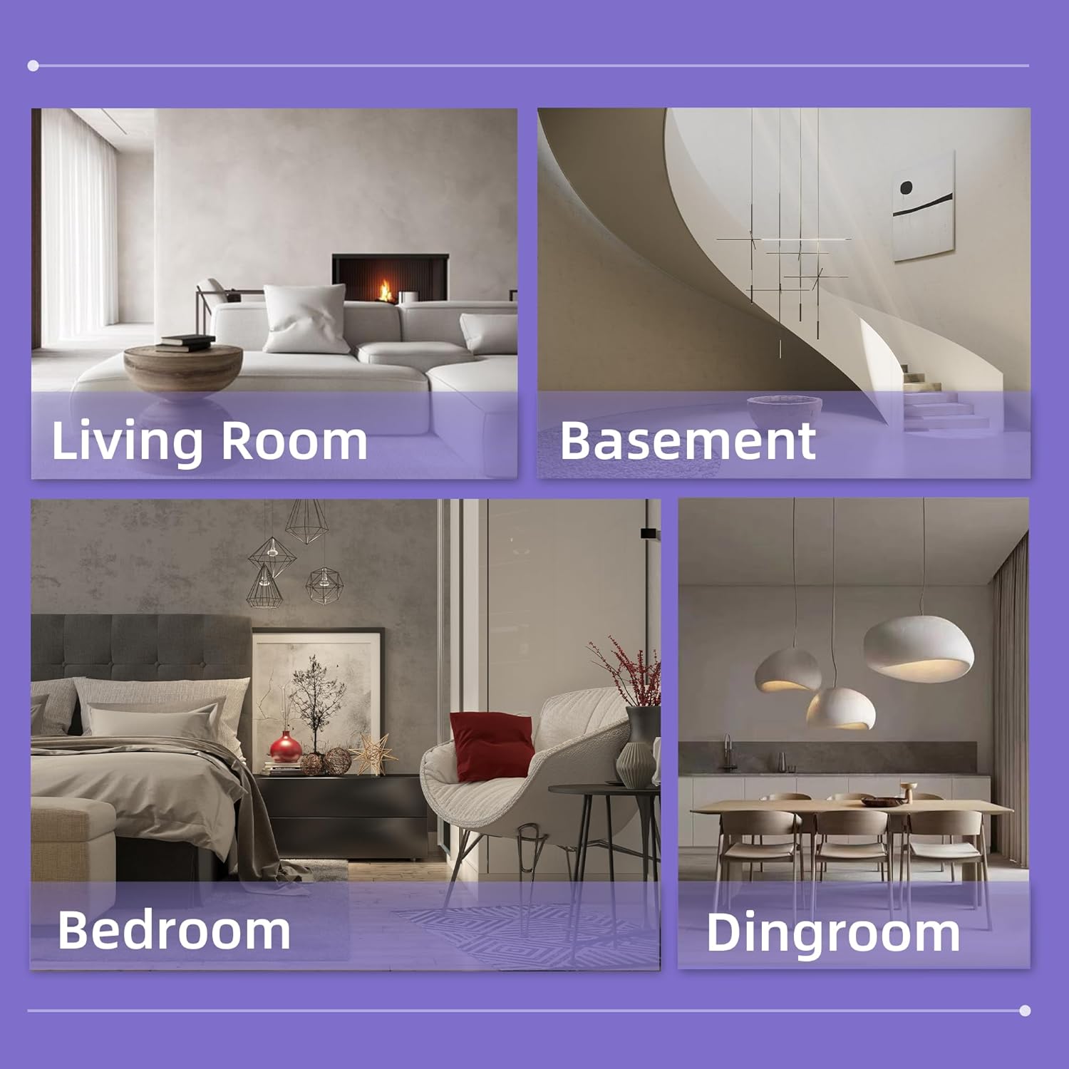 Diagram showing various suitable locations for the dehumidifier: Living Room, Basement, Bedroom, Dining Room