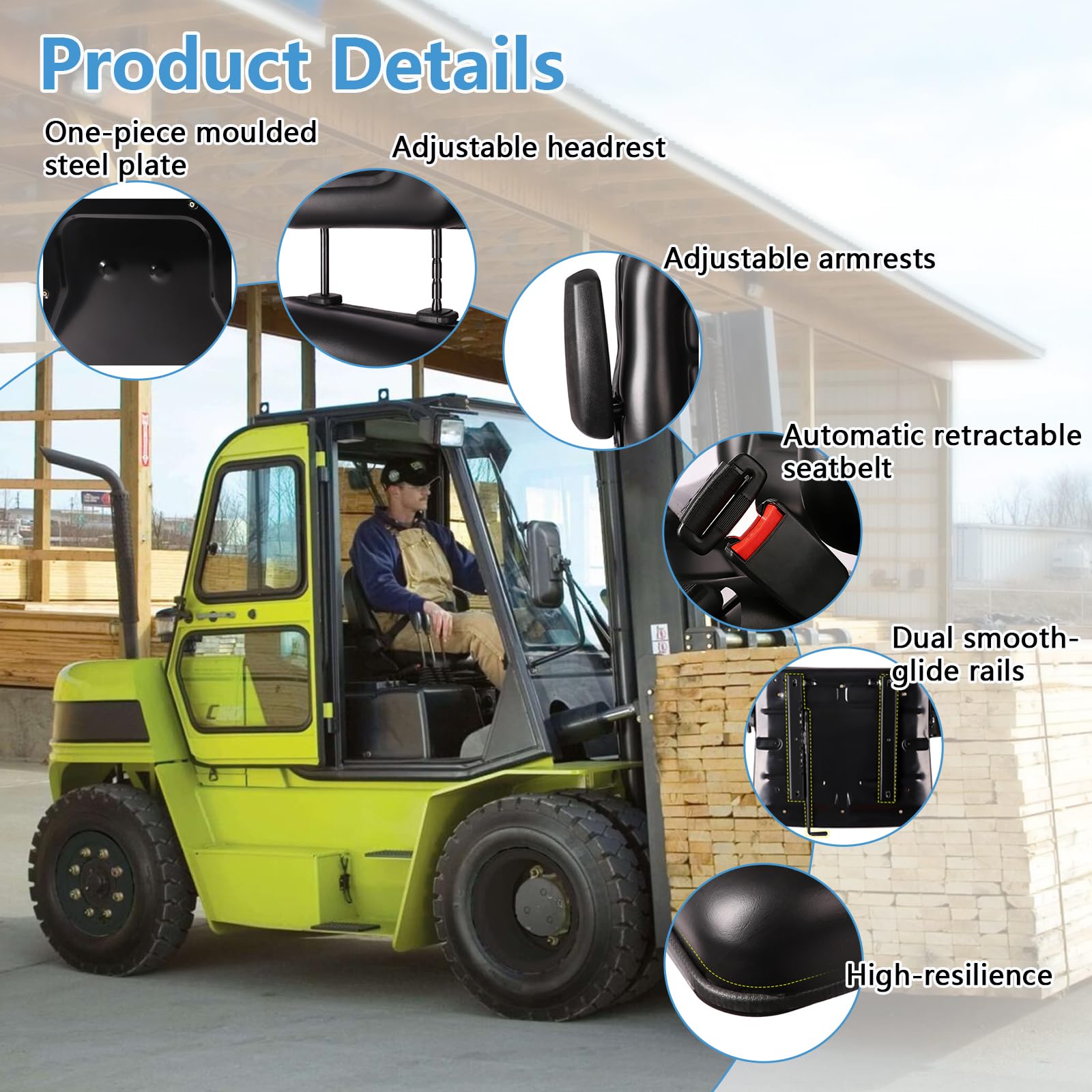 Asiento universal para tractor, asiento plegable para carretilla elevadora con respaldo ajustable y cinturón de seguridad, reposacabezas ajustable en 3 posiciones, reposabrazos plegables y rieles