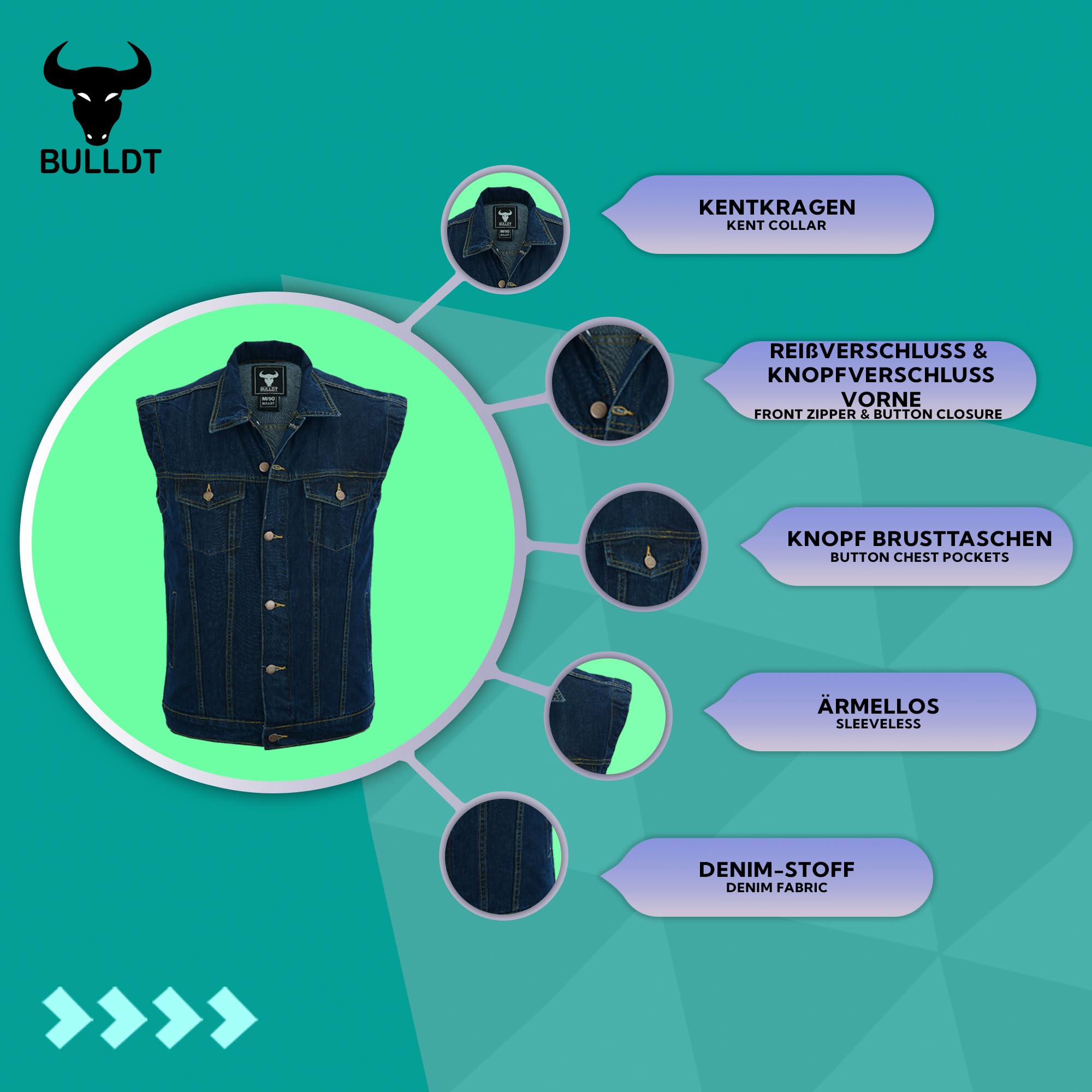 BULLDT Herren Motorrad Denim Biker Jacke - Stilvolle Trucker Weste mit Kragen Vintage Klassisches Design 100% Baumwolle