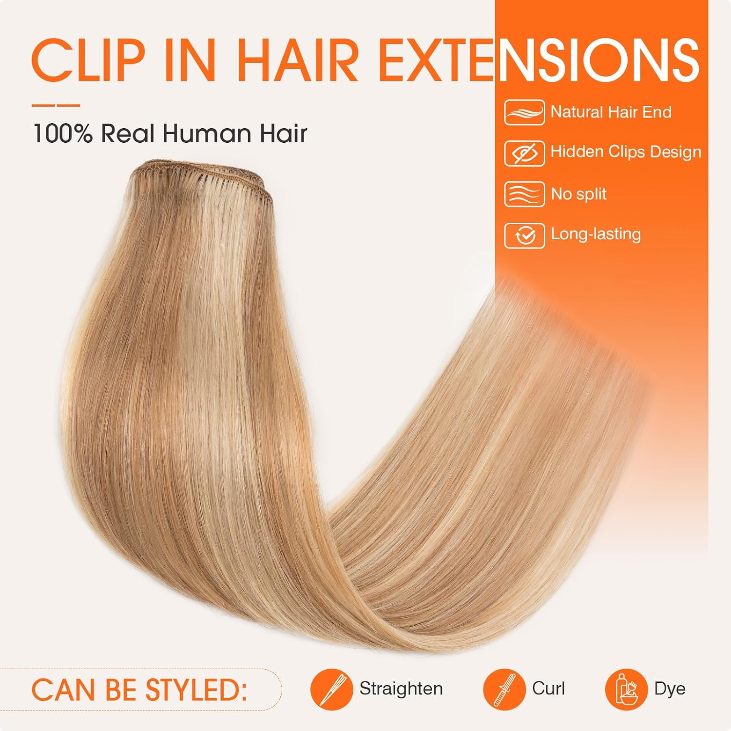 TESS Seamless Clip in Hair Extensions Human Hair Remy Clip ins Natural Soft Straight 8pcs 18Clips, 10 Inch, Flax Yellow Mixed Light Gold